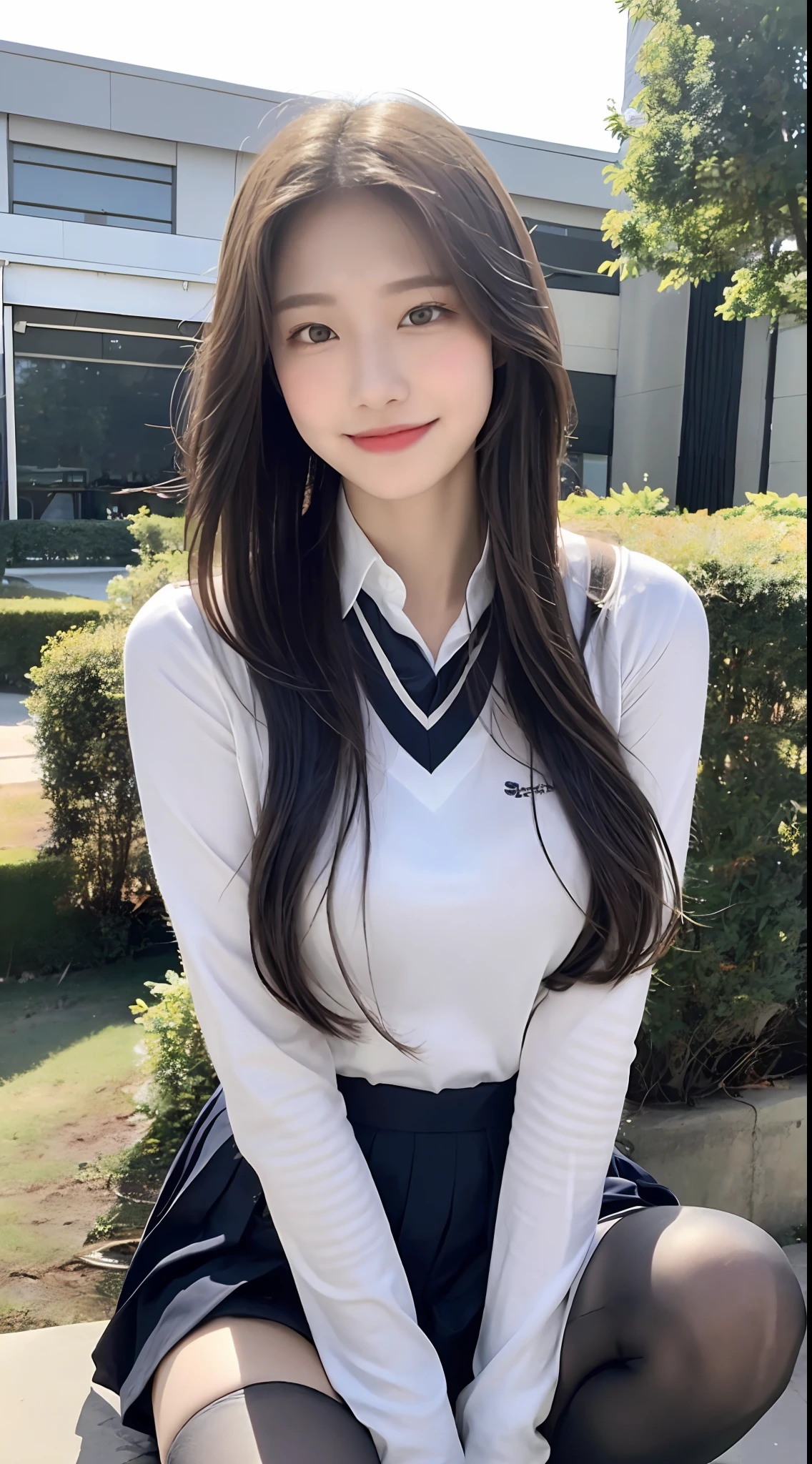(1 Korean star with royal sister style), ((Best quality, 8K, 巨作: 1.3)), focal point: 1.2, Perfect body proportions: 1.4, (Make a smile), (Ray traching),Watery eyes, Highly Detailed Face and Skin Textur, Fine eyes, Double eyelids, Whitens the skin, (long whitr hair, Air bangs: 1.3), (face round: 1.5), (Student uniform: 1.4), (Rely on 1.6),(black lence stockings: 1.4),(Preppy style:1.4)