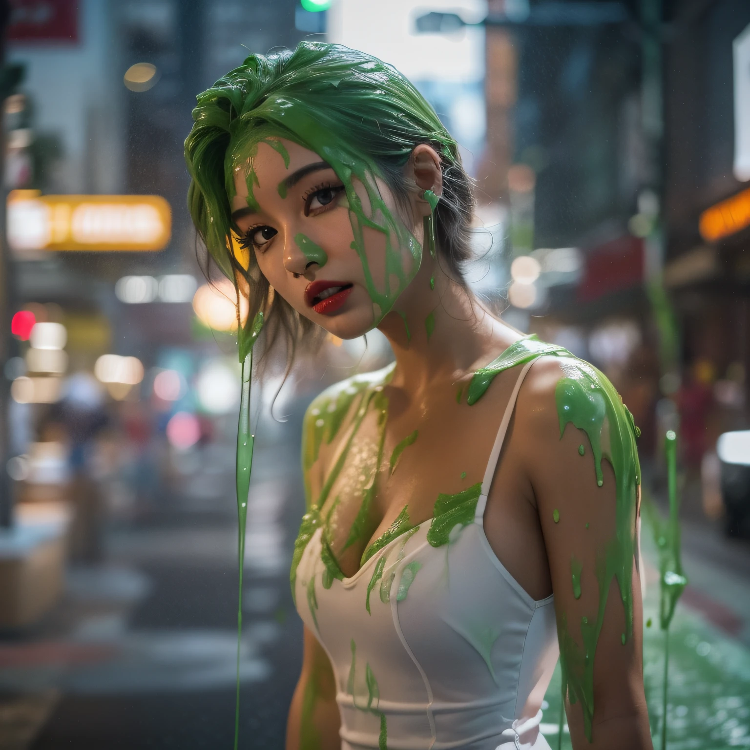 8k, hd, masterpiece, CG unity, ultra detailed, hyper realistic, extreme realism, 21-year-old Japanese model, 1 woman, tan skin, thick eyeliner, long eyelashes, red lipstick, short wavy hair, skimpy white dress, cleavage, city street, (slime dripping down head: 1.2), portrait photograph, perfect lighting, lens flairs