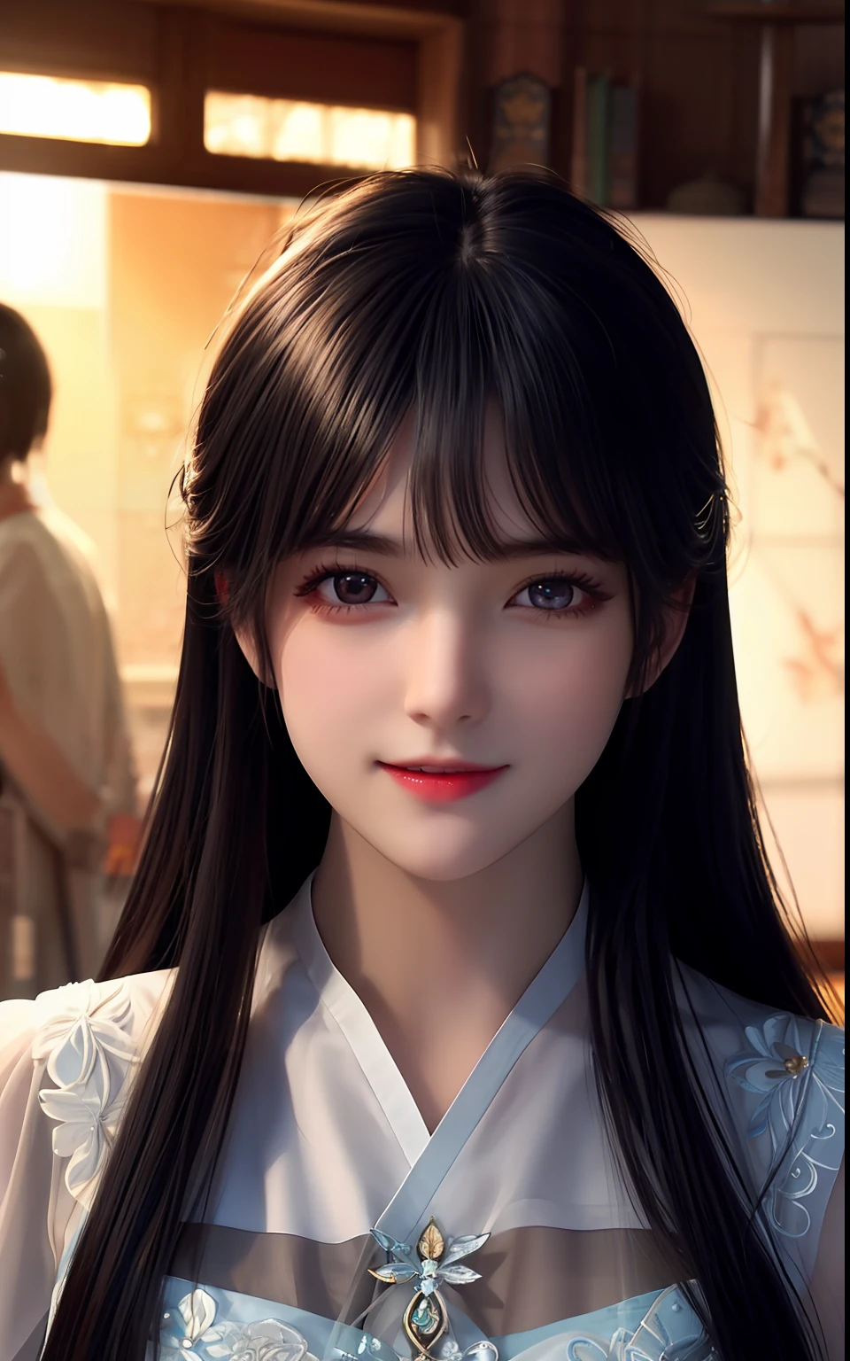 silber hair、ulzzang -6500-v1.1, (Photorealsitic:1.4), animesque、anime styled、ssmile、portraitures、Beautiful, Moist eyes like clear glass、Beautiful detailed woman, extremely detailed eye and face, Beautiful detailed eyes,huge filesize, ultra-detailliert, hight resolution, ighly detailed, top-quality, masterpiece, illustratio, ighly detailed, nffsw, unification, 8k wallpaper, splendid, finely detail, masterpiece, top-quality, Highly detailed ticker uniform 8K wallpaper, Light on the Face、电影灯光、