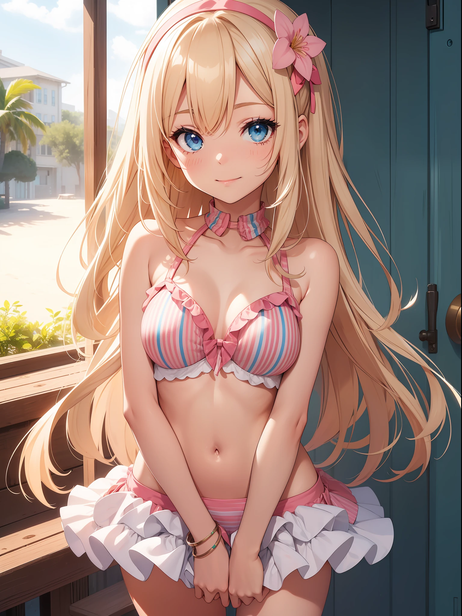 （Top quality ultra-detailed CG art、Upper body naked、Bikini with pink stripes：１.２）、sand beach、a blond、Glossy hair、smooth hair、large blue eyes,Mid summer、Delicate body、breasts are small、Medium Hair、short in stature、It features a simple、Hairpin、ssmile、short in stature、Wearing a blindfold、relax vibe、Always cheerful and popular girl、cheerful girl、Infant body type、kawaii、Tying hair、Watermelon groats、