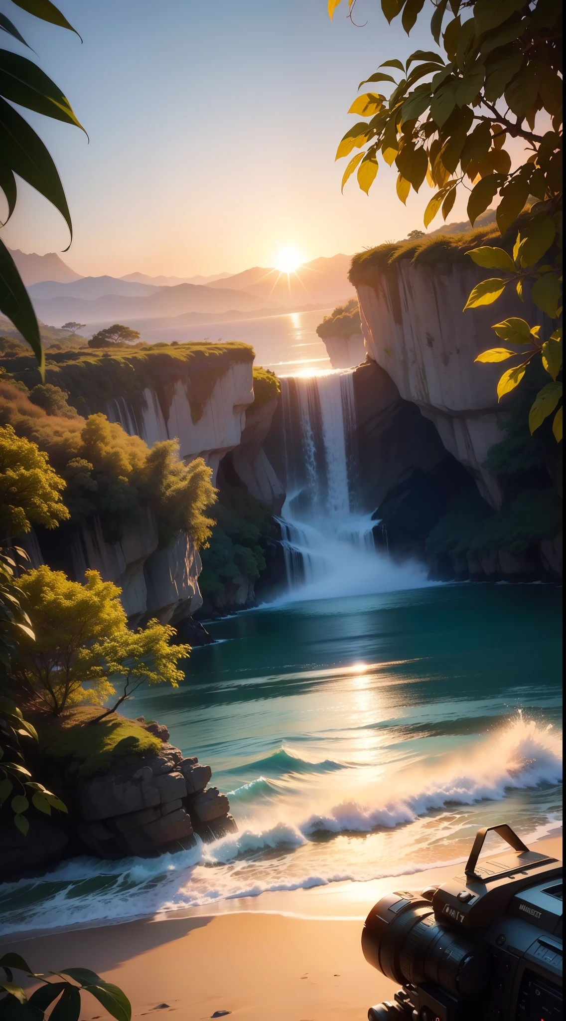 sun sunset, vista distante, realista, cores ricas, lindo e colorido, flora, natureza, cascata, lente grande angular, filming at night, filme positivo, estilo naturalista, High Definition Footage, Obra-prima, melhor qualidade, (papel de parede 8k de unidade CG muito detalhado) (melhor qualidade), (best illustration), (melhores sombras)