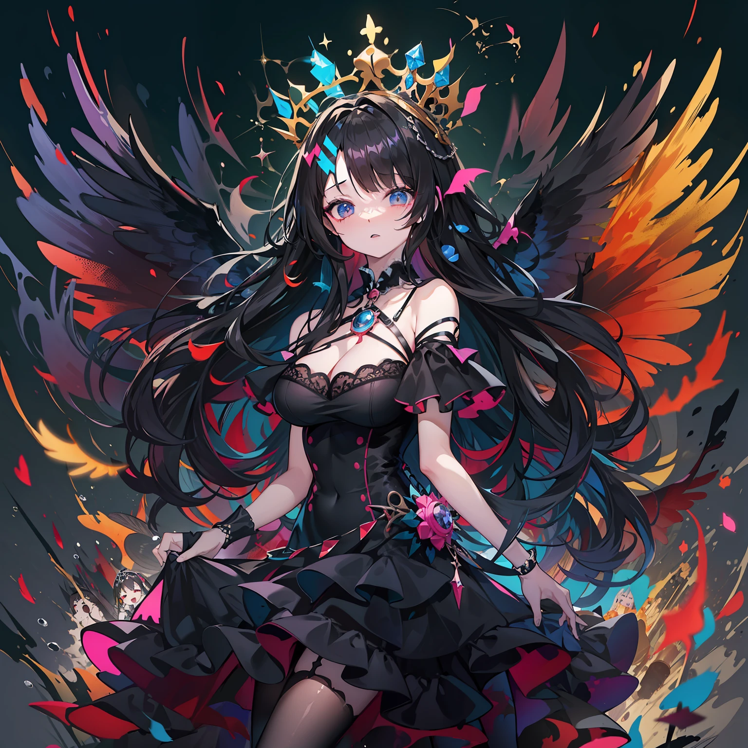 Bright background、Chibichara、noble、Princess、​masterpiece、hightquality、Black hair Long hair、putting on a crown、Black Dress、The dress has ruffles、Black stockings、one piece dress、domineering、cocky、Proud、It has large black wings growing、Splash paint in bright colors、wings are symmetrical