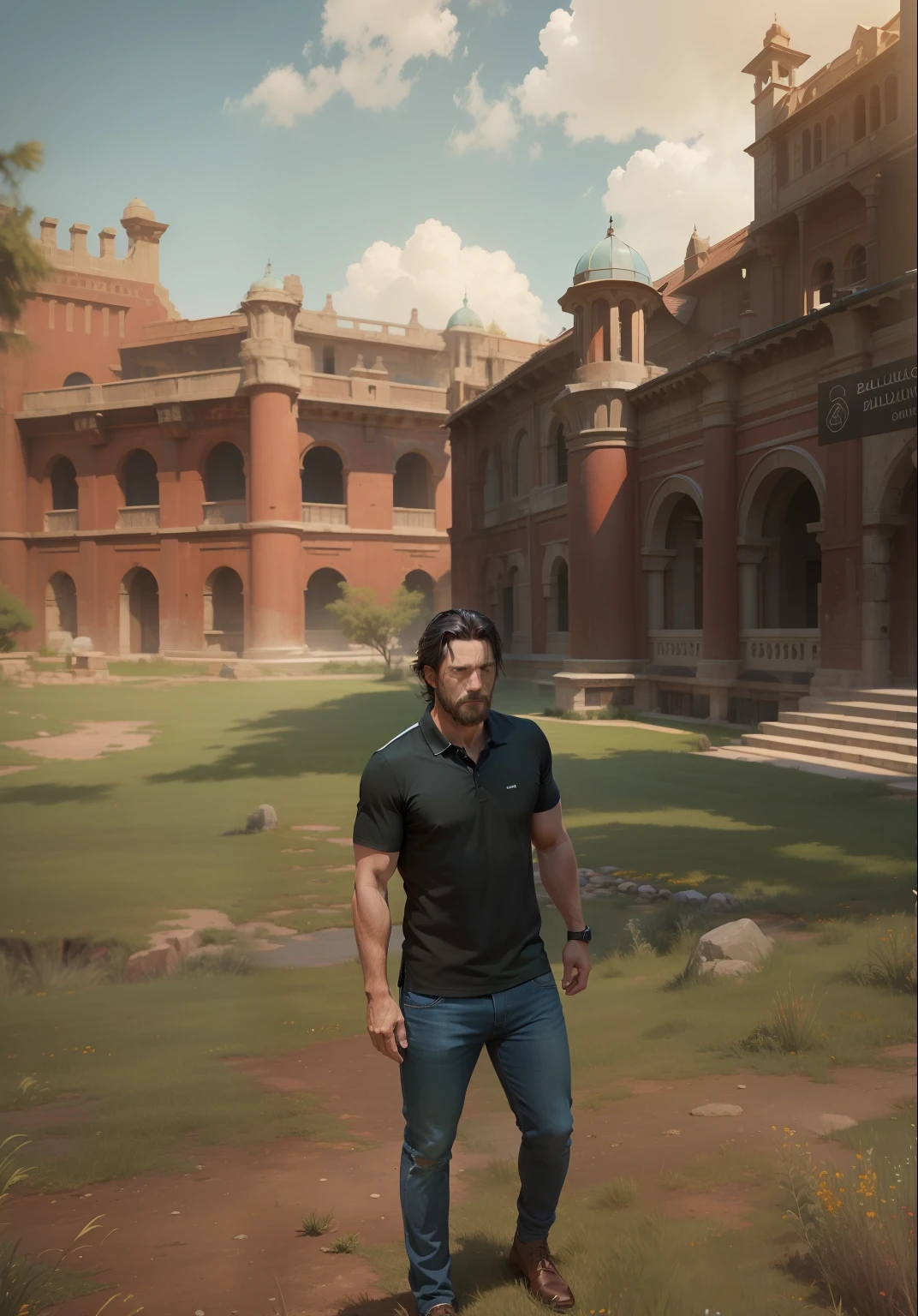 Same as picture, skyblue polo shirt and jeans, Power glass, Handsome grown man, balck hair, Ancient red structure, green grass, ultra realistic, 8k