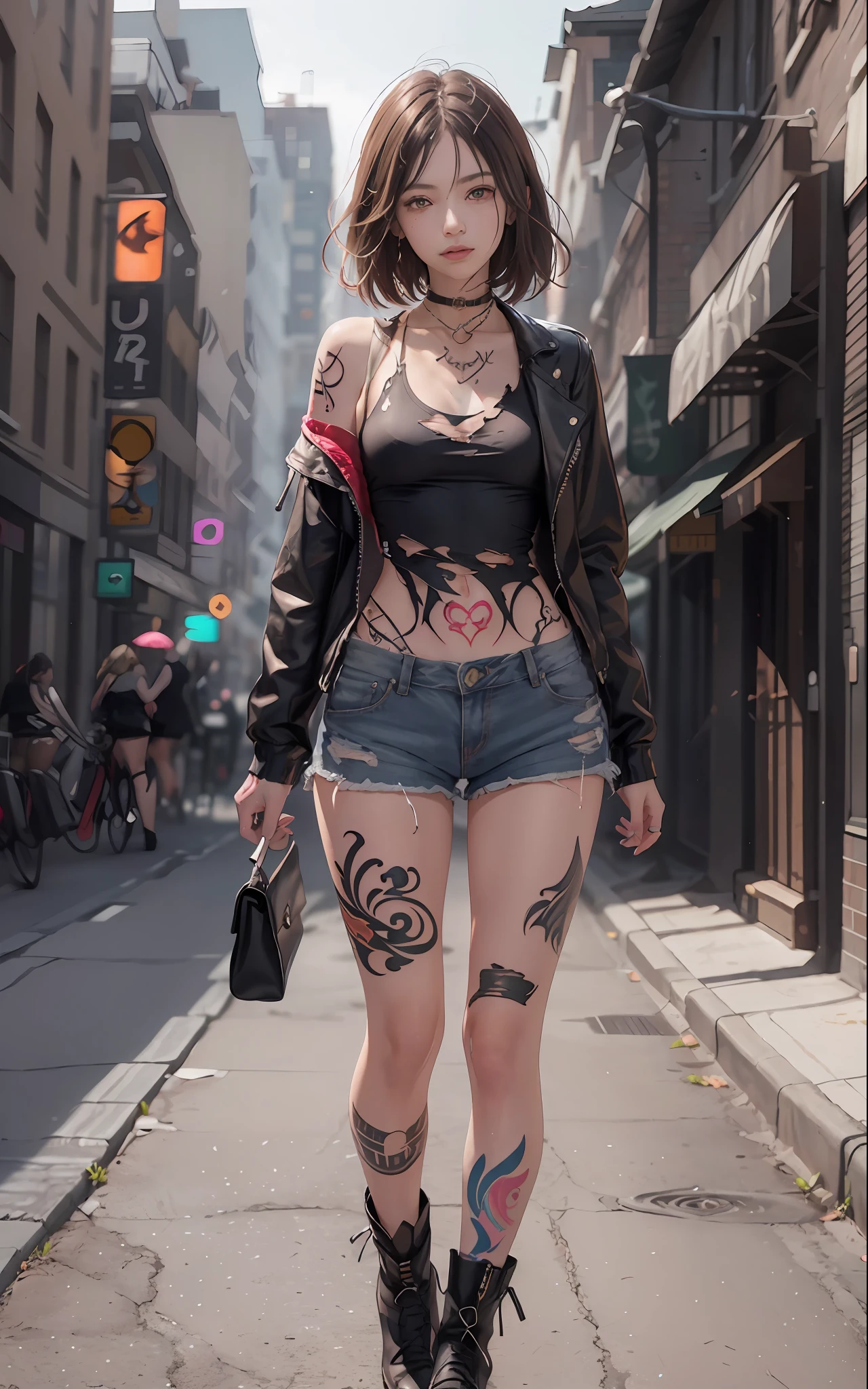 ((medium breast, tomboy girls, small head)),  (chiseled abs : 1.1), (perfect body : 1.1), (short wavy hair : 1.2) , auburn hair, collar, chain, full body shot, crowded street, wearing tanktop, jeans jacket, (torn clothes:1.3)((shorts)), (extremely detailed CG 8k wallpaper), (an extremely delicate and beautiful), (masterpiece), (best quality:1.0), (ultra highres:1.0),  beautiful lighting ,perfect lightning, realistic shadows, [highres], detailed skin, ultra-detailed (((colorful))),(tattoo all:1.5),