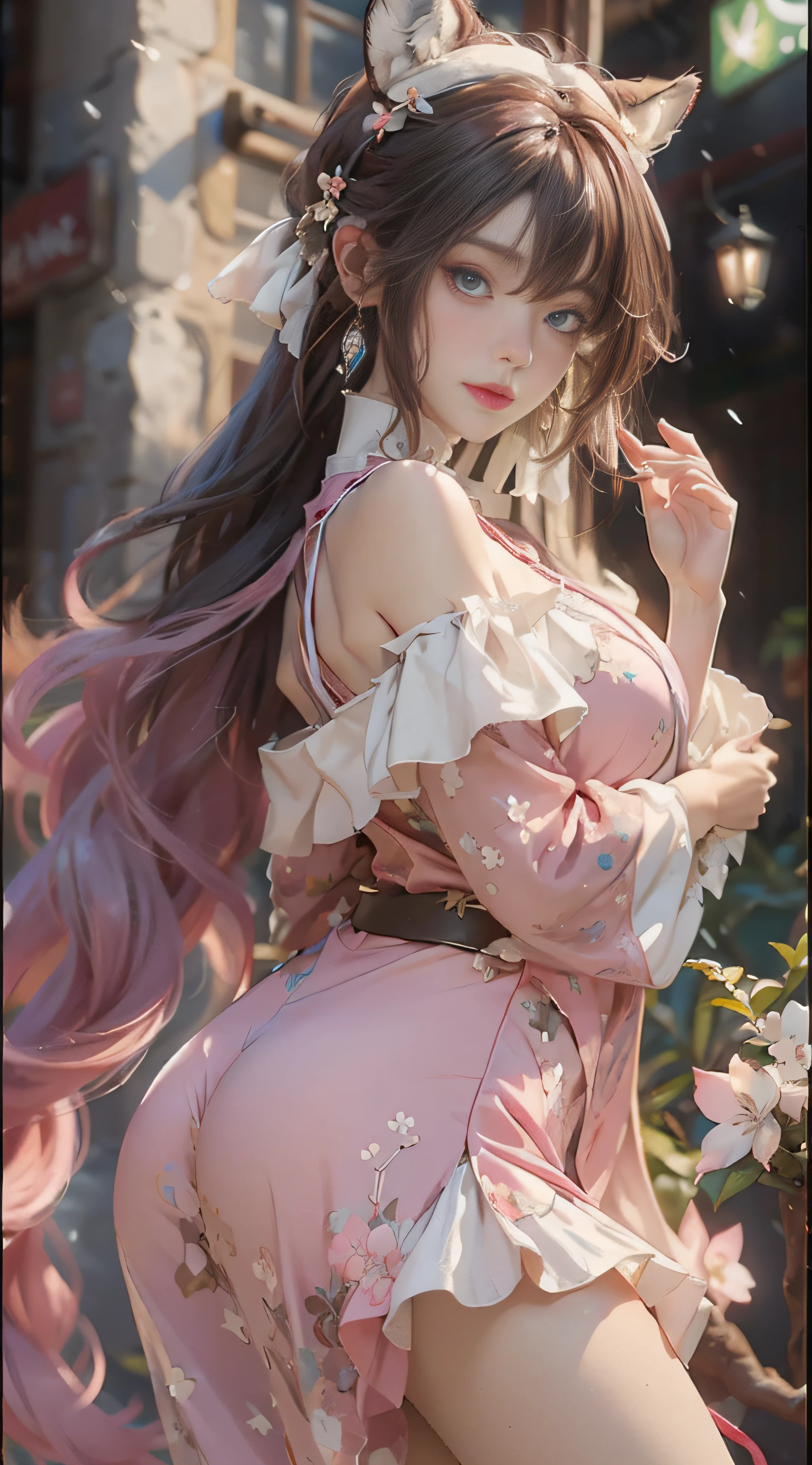 ((best qualtiy)), ((tmasterpiece)), (detail:1.4), Beautiful cyberpunk female images,hdr(HighDynamicRange),Ray traching,NVIDIA RTX,Hyper-Resolution,illusory 5,sub surface scattering,PBR textures,post-proces,Anisotropy Filtering,depth of fields,maximum definition and sharpness,Many-Layer Textures,Albedo e mapas Speculares,Surface coloring,Mitsu-Accurate simulation of material interactions,perfectly proportioned,rendering by octane,Two-colored light,largeaperture,Low ISO,White balance,Rule three points、8K raw data、Beautiful bright blue pupils,off-the-shoulder clothes,Fine pupils,Delicate face and eyes,long eyelasher,Blushlush,Delicate and fluffy hair,pink lip,Pure,Cute face,Sweet girl,Artistic sense,Casual wear,Advancedsense,butterflys,Cherry blossom petal,Beautiful hair accessories,Long hair and waist,Hair fluttering in the wind,Snow-white fox ears,curlies,Snow-white fluffy tail,Positive light,The light from the back window is backlighted