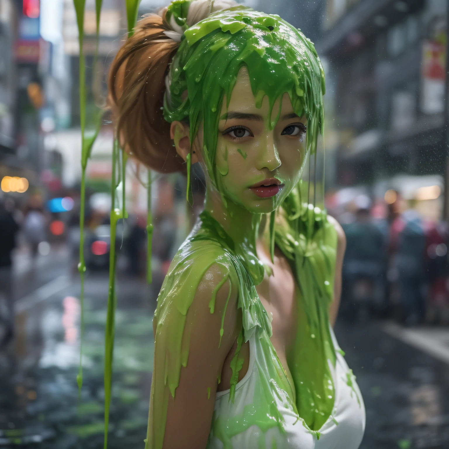 8k, hd, masterpiece, CG unity, ultra detailed, hyper realistic, extreme realism, 21-year-old Japanese model, 1 woman, tan skin, thick eyeliner, long eyelashes, red lipstick, pigtails, skimpy white dress, cleavage, city street, (slime dripping down head: 1.2), (slime dripping everywhere: 1.2), portrait photograph