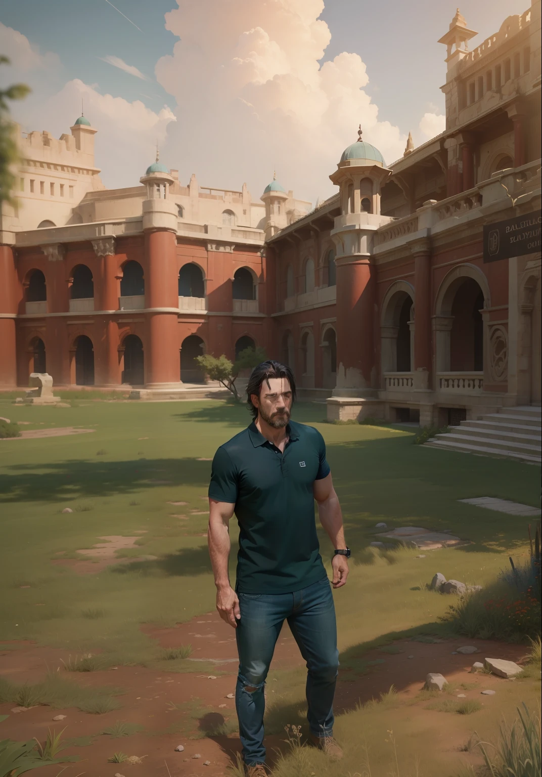 Same as picture, skyblue polo shirt and jeans, Power glass, Handsome grown man, balck hair, Ancient red structure, green grass, ultra realistic, 8k