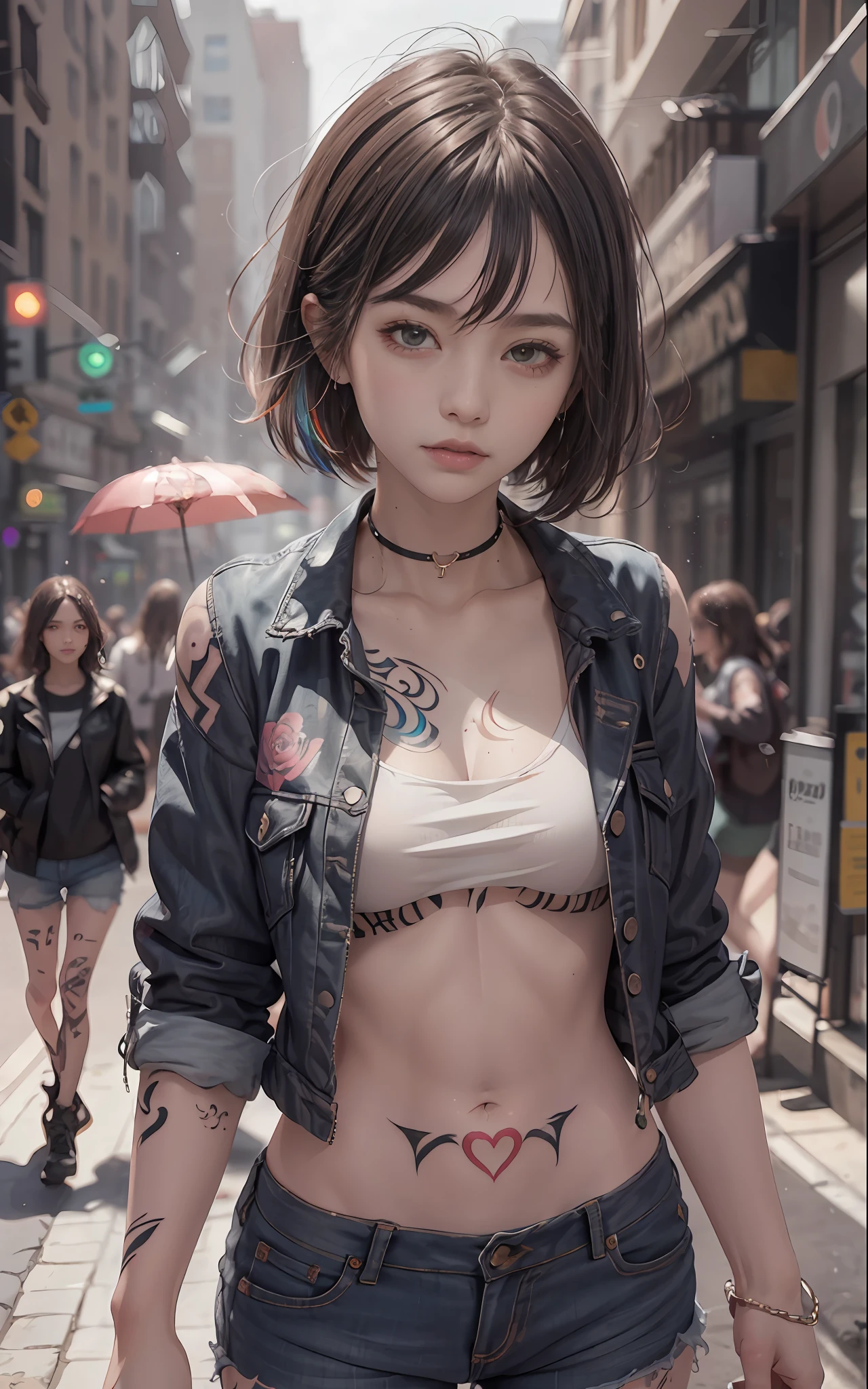 ((medium breast, tomboy girls, small head)),  (chiseled abs : 1.1), (perfect body : 1.1), (short wavy hair : 1.2) , auburn hair, collar, chain, full body shot, crowded street, wearing tanktop, jeans jacket, (torn clothes:1.3)((shorts)), (extremely detailed CG 8k wallpaper), (an extremely delicate and beautiful), (masterpiece), (best quality:1.0), (ultra highres:1.0),  beautiful lighting ,perfect lightning, realistic shadows, [highres], detailed skin, ultra-detailed (((colorful))),(tattoo all:1.5),