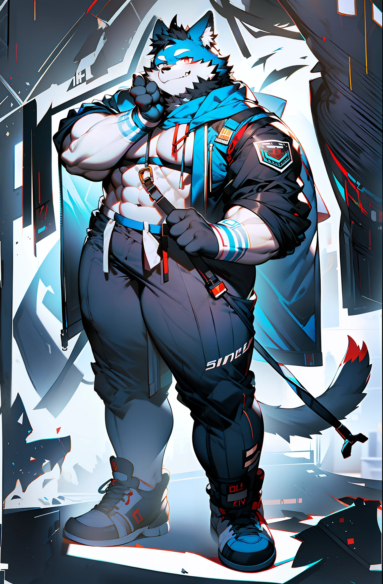 coyote,Furry,Blue pattern,Black hair,musculature,Muscle men,nakeness,Strong,ultraclear,Has a large ,Collar,Black shorts,Black sclera,red pupils,Abs,Red coat,The erection,Collar,Has a large ,der riese,tit,Solo,Stout arms,Storm jacket,Badge,Pronounced abs,ssmile,lbeard,Dim lighting,Dark atmosphere,subway station background,Dim light,