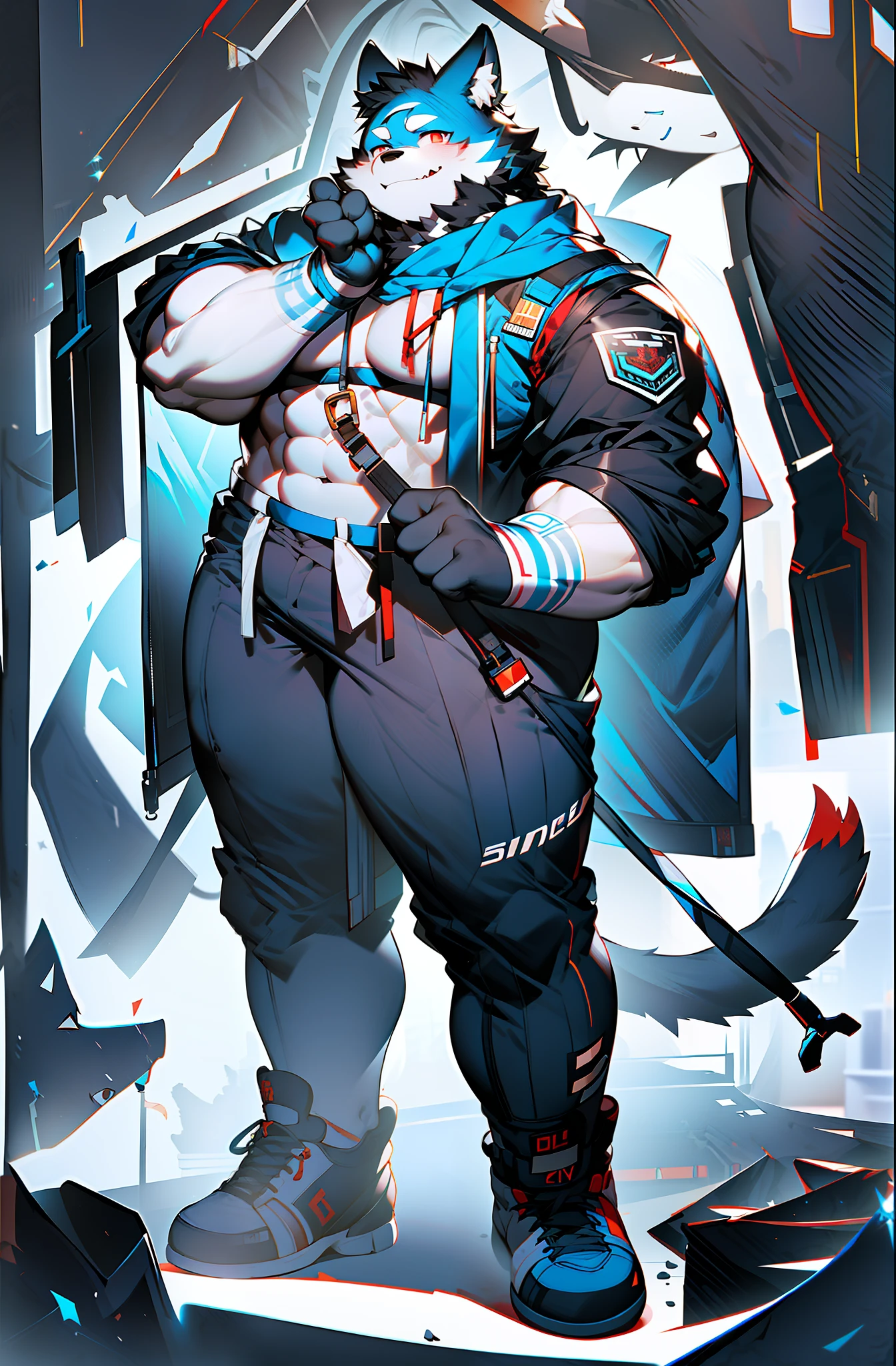 coyote,Furry,Blue pattern,Black hair,musculature,Muscle men,nakeness,Strong,ultraclear,Has a large ,Collar,Black shorts,Black sclera,red pupils,Abs,Red coat,The erection,Collar,Has a large ,der riese,tit,Solo,Stout arms,Storm jacket,Badge,Pronounced abs,ssmile,lbeard,Dim lighting,Dark atmosphere,subway station background,Dim light,