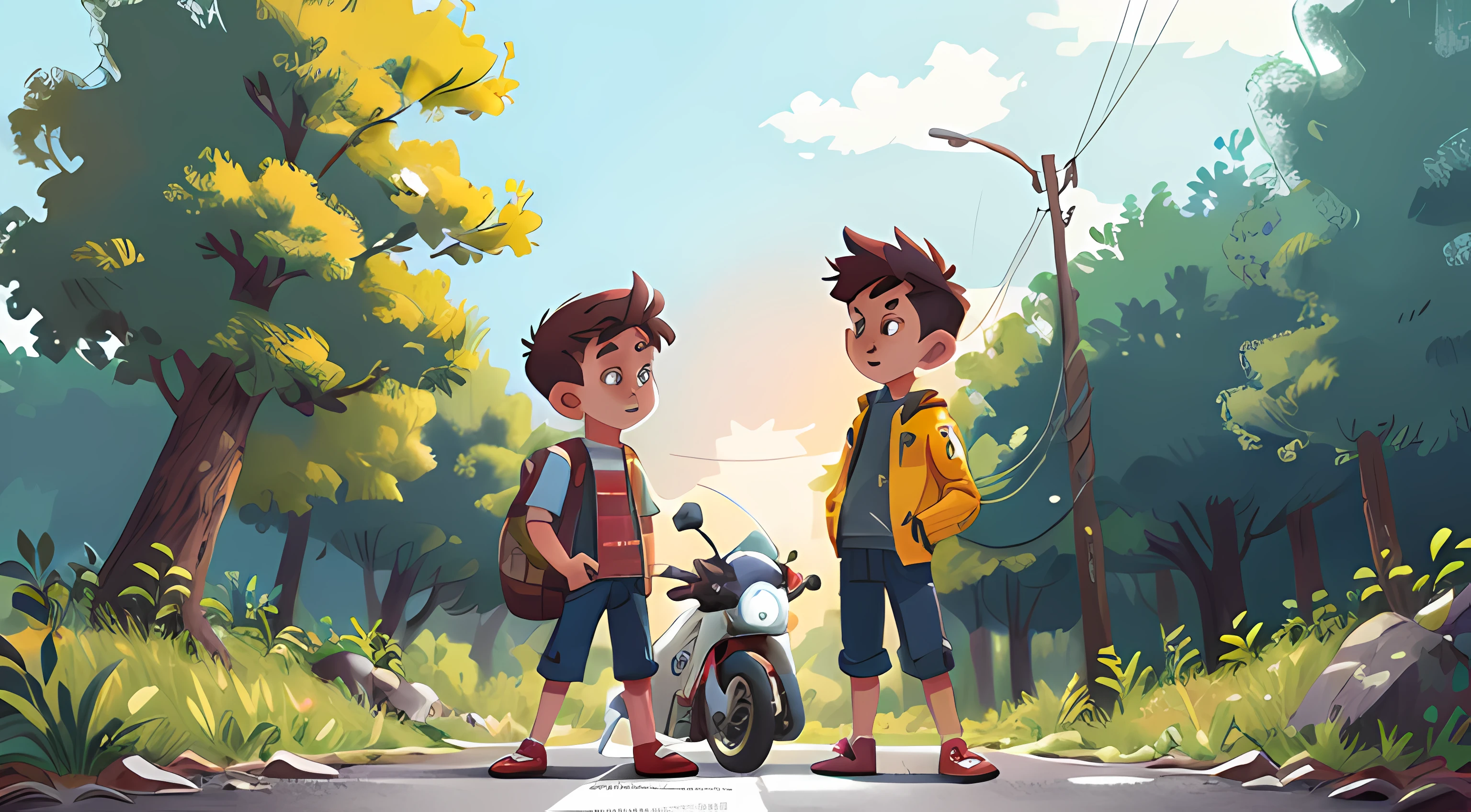 Flat illustration，on the roadside，Two young men were talking，One of them stood on the side of the road，A man riding a gray electric motorcycle，white backgrounid，Medium Shot Shot，8K，perfect  detail