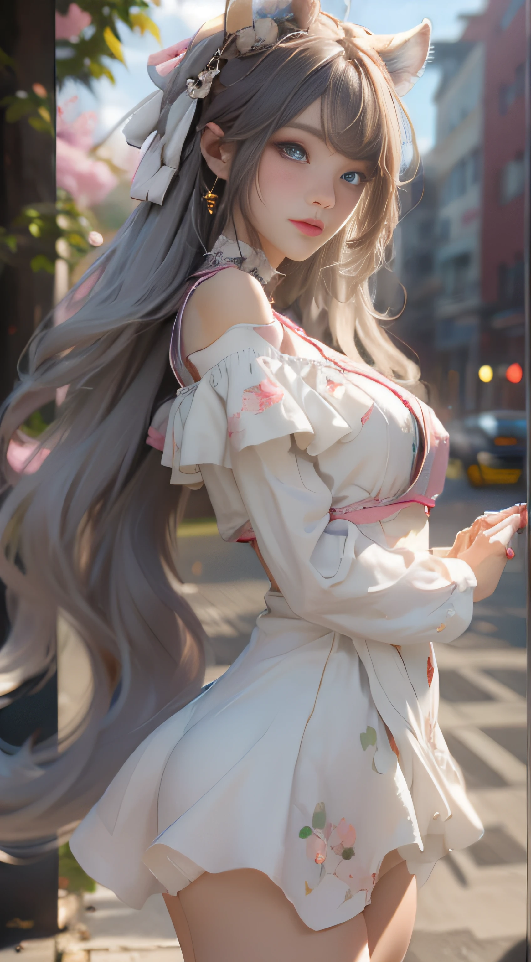 （（best qualtiy））， （（tmasterpiece））， （detail：1.4）， Beautiful cyberpunk female images，hdr（HighDynamicRange），Ray traching，NVIDIA RTX，Hyper-Resolution，illusory 5，sub surface scattering，PBR textures，post-proces，Anisotropy Filtering，depth of fields，maximum definition and sharpness，Many-Layer Textures，Albedo e mapas Speculares，Surface coloring，Mitsu-Accurate simulation of material interactions，perfectly proportioned，rendering by octane，Two-colored light，largeaperture，Low ISO，White balance，Rule three points、8K raw data、Beautiful bright blue pupils，off-the-shoulder clothes，Fine pupils，Delicate face and eyes，long eyelasher，Blushlush，Delicate and fluffy hair，pink lip，Pure，Cute face，Sweet girl，Artistic sense，Casual wear，Advancedsense，butterflys，Cherry blossom petal，Beautiful hair accessories，Long hair and waist，Hair fluttering in the wind，Snow-white fox ears，curlies，Snow-white fluffy tail，Positive light，The light from the back window is backlighted