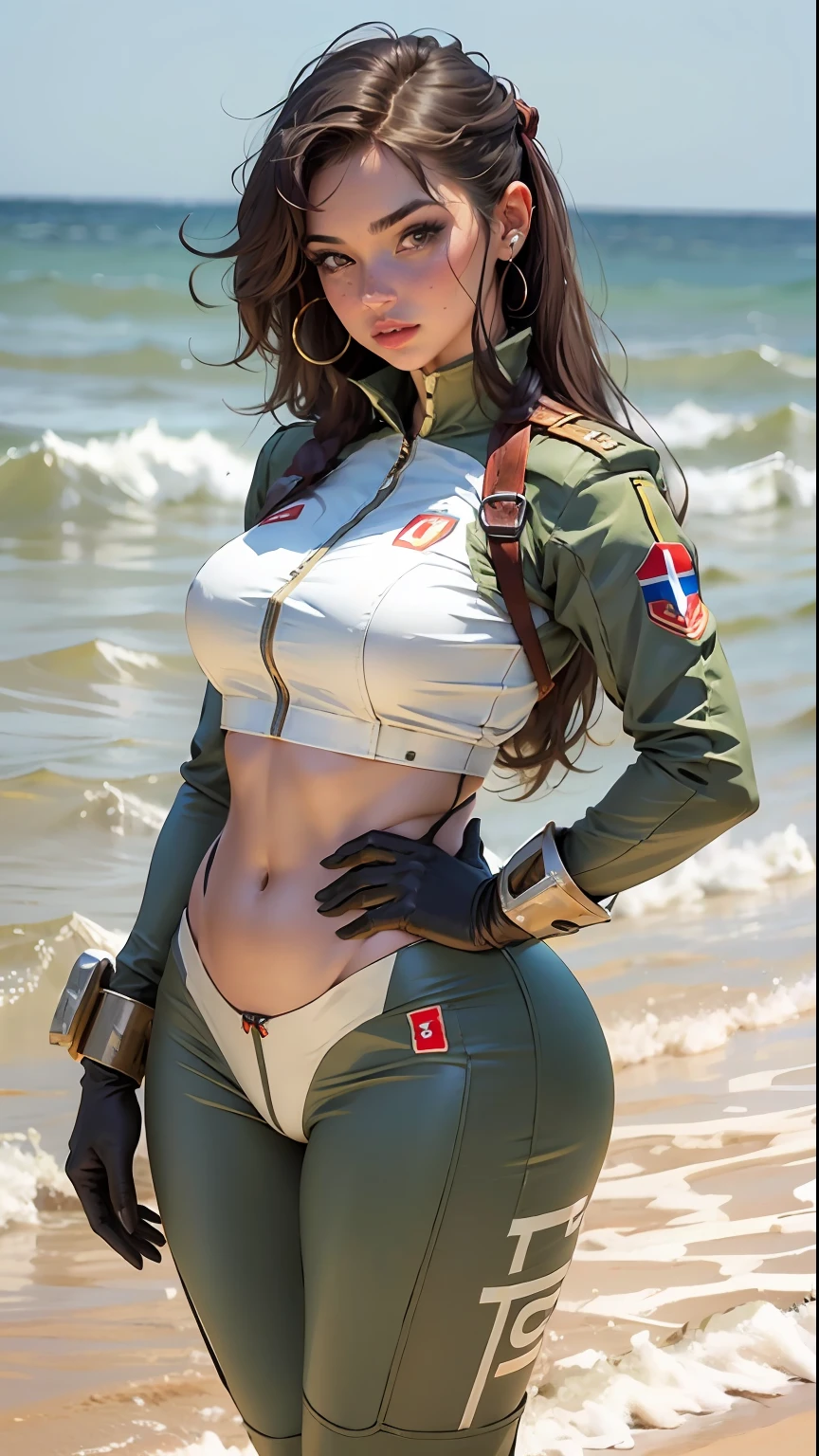 Mulher bonita com corpo definido detalhado, role-play using Italian amphibious troops, wearing the costume of Italian amphibious troops, seios grandes, cintura fina, plump buttocks