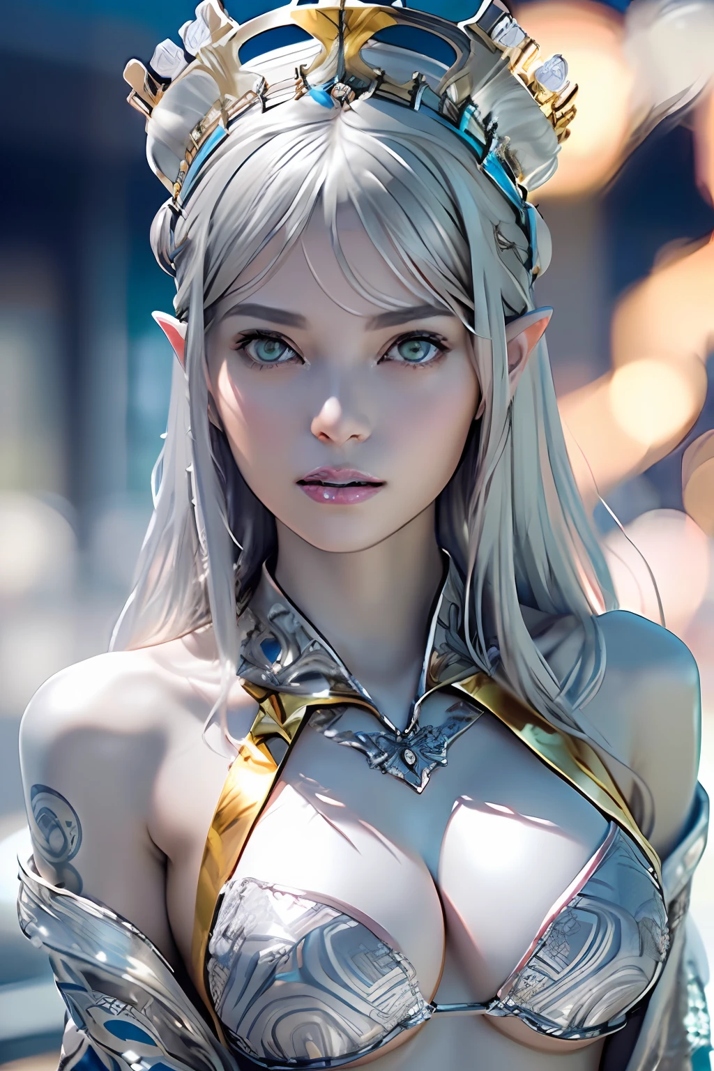 Ultra-detailed complex 3D rendering of the face, (masterpiece, top quality, octane rendering,), glamour shots full body image, very beautiful young elves, cleavage, (highly detailed skin: 1.2), (exposure: 1.1), ((blue micro bikini: 1.95)))). , 8k, (((very soft breasts)), (((conspicuous large pink areola)), beautiful Caucasian woman with white skin with full soft breasts with big buttocks, one, long braided hair, big breasts, dynamic angles, (((huge breasts: 2.4)), ultra-realistic photos, ((((((silver hair)))), futuristic urban background, facial muscles, (((((detailed and glamorous silver crown)))), In the style of Marvel Comics, ArtStation Trends, Clear Focus, Intricate Details, Very Detailed, Detailed Green Eyes, Sharp Focus, Digital Rendering, Professional, Abs, Lip Gloss, Glossy Skin, Sexy Pose, Golden Tattoo All Over Body, Silver Pattern All Over Body, Silver Lame Skin, Gold Glitter Skin, Mansuji, Buttocks, Jeweled All Over the Body, with silver scales, silver hair,