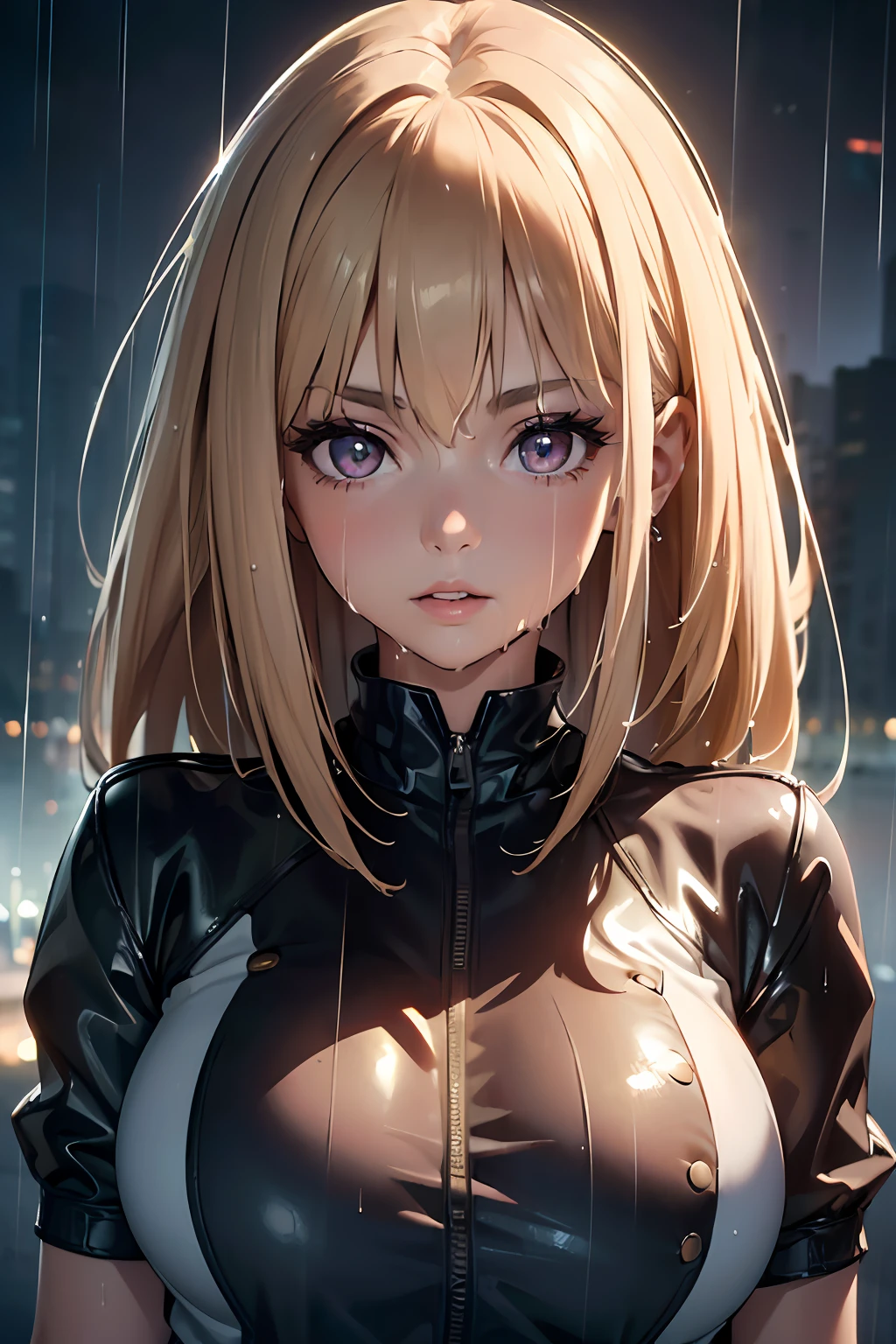 ((Best quality, 8k, Masterpiece :1.3)), pretty woman, 1girl, huge breasts :1.3, slender figure :1.2, dark brown hair, (rain, wet from rain, wet body :1.1), ultra-detailed face, detailed lips, detailed eyes, double eyelid