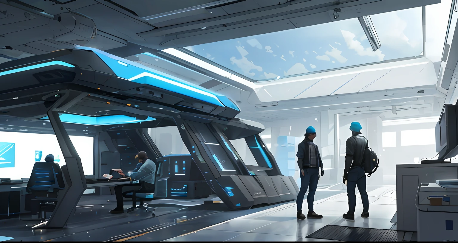 John Harris's Great Sci-Fi Matte Lab, Sparta and Greg Rutkowski. Scientists stand in the distance, Engineers. standing with his back to the viewer, Indoors, In-house laboratory, Holographic monitors, sharp edges, Tiffany Blue, Blue-gray, A white. . Sci-Fi Lab, Cyberpunk room, gloomily. Ultra-sharp detail, 3d, октановый рендеринг 8K