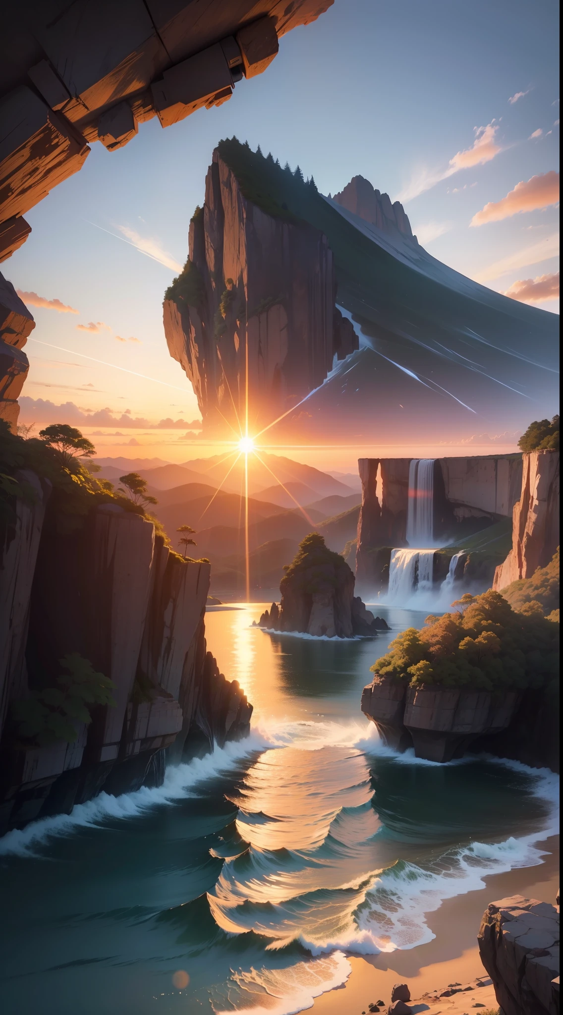 sun sunset, vista distante, realista, cores ricas, lindo e colorido, flora, natureza, cascata, lente grande angular, filming at night, filme positivo, estilo naturalista, High Definition Footage, Obra-prima, melhor qualidade, (papel de parede 8k de unidade CG muito detalhado) (melhor qualidade), (best illustration), (melhores sombras)