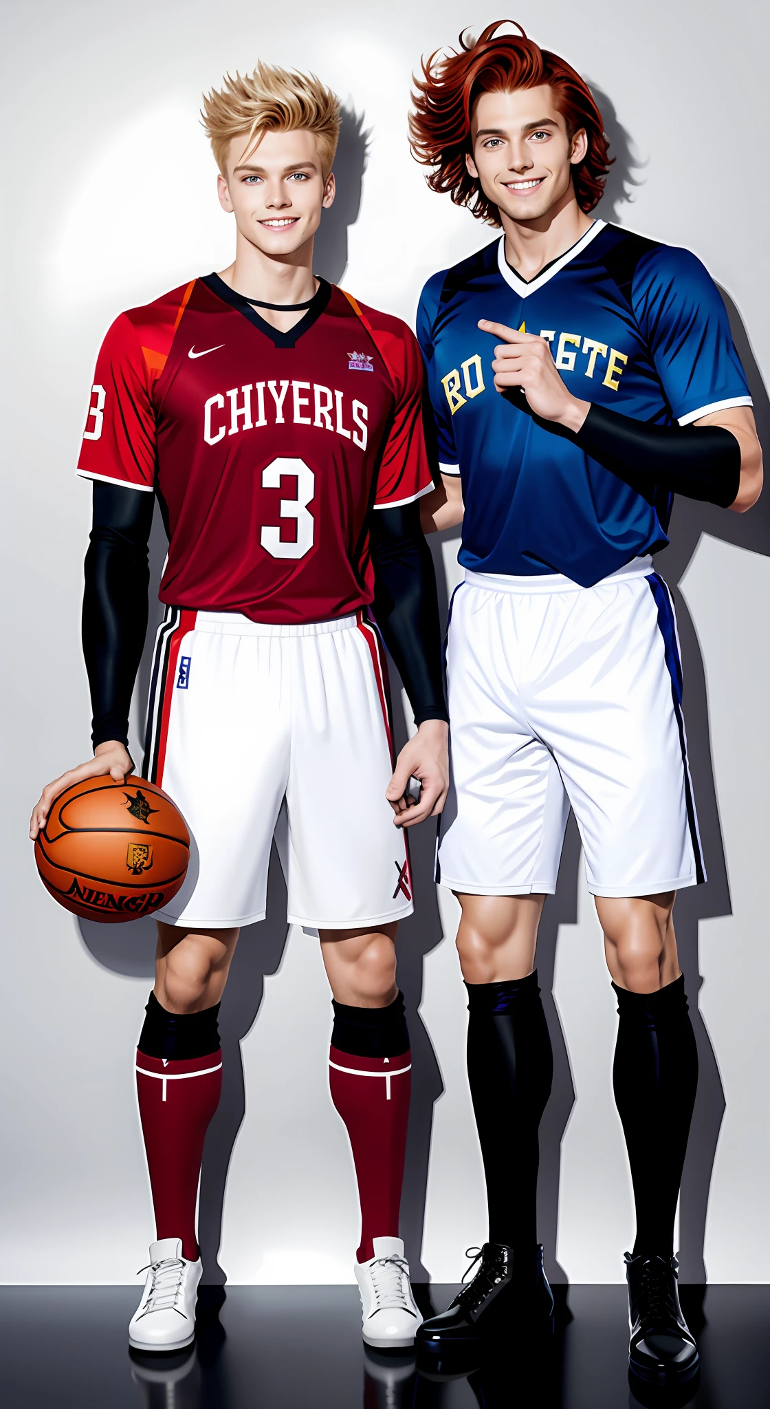 tmasterpiece, Best quality at best, 2 young men, A gay couple, Homosexuality, 2 Men, A red-haired person and another blonde person, Height difference, Different colors, apathy, Loves, Church background, Thick and messy hair,Gay,Both wore basketball uniforms,Knight boots Seductive feet,Model figure,Tall,