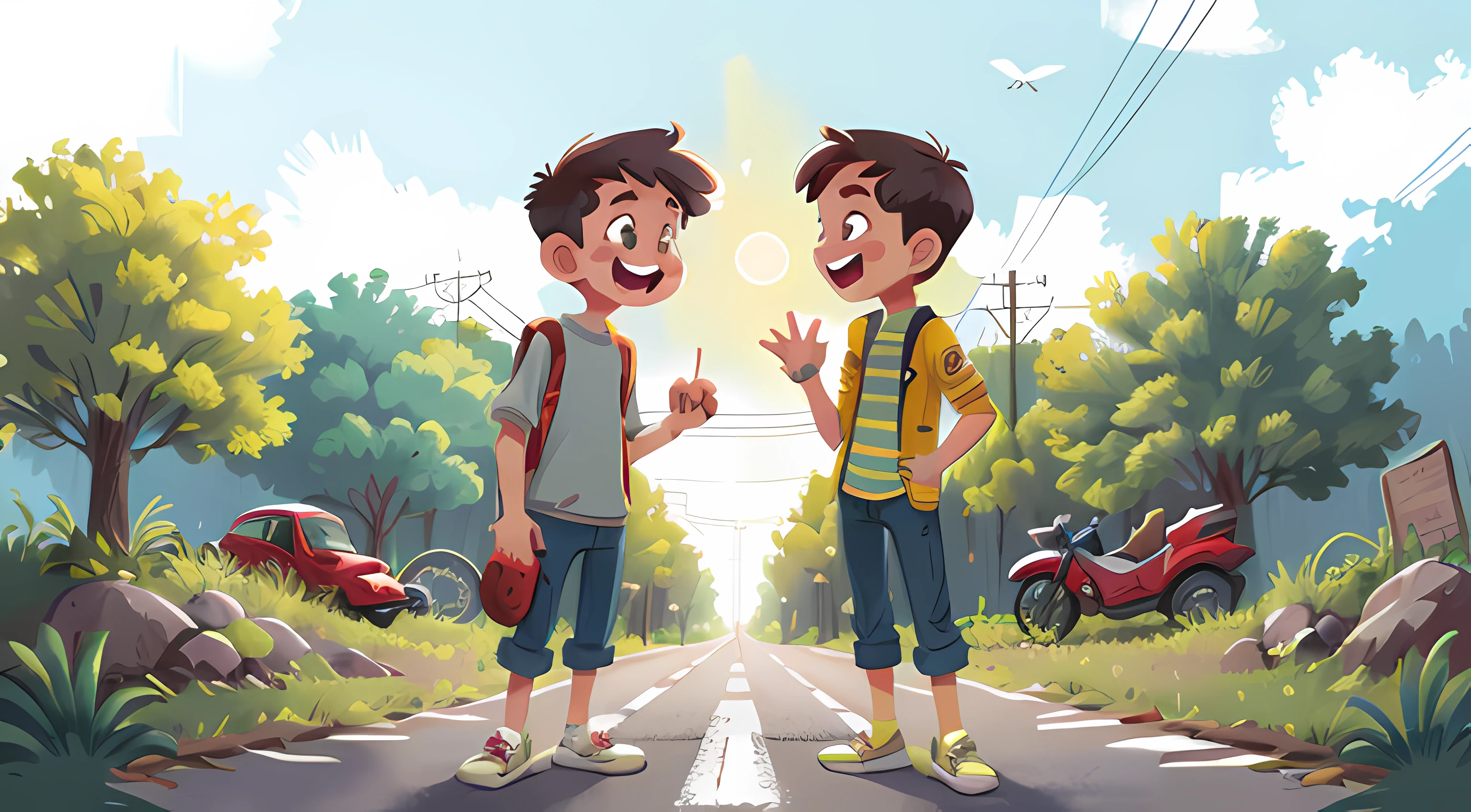 Flat illustration,on the roadside,The two young men laughed and talked,One of them stood on the side of the road,A man riding a gray electric motorcycle,white backgrounid,Medium Shot Shot,8K,perfect detail