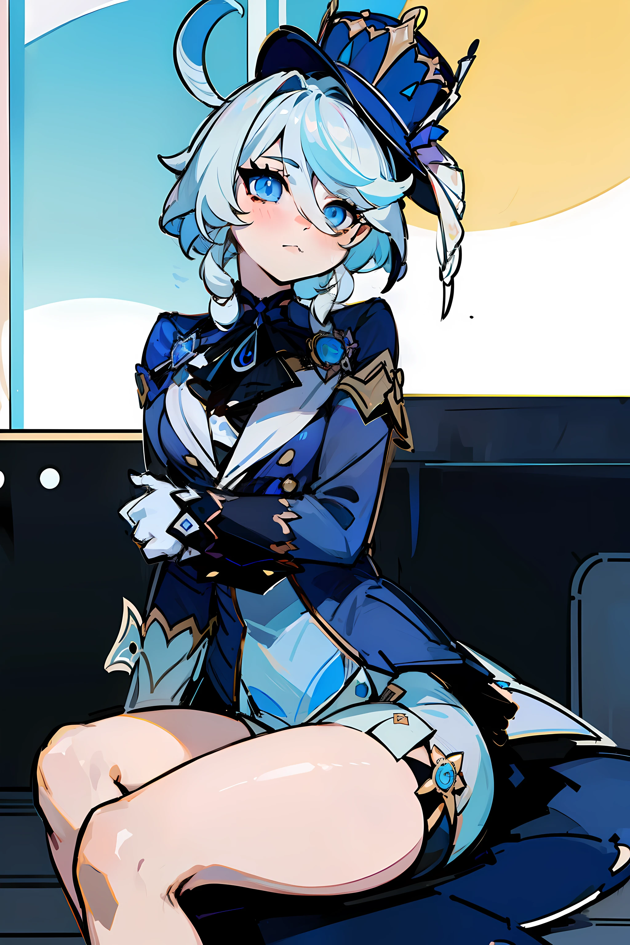 (masterpiece), best quality, expressive eyes, perfect face,anime character, girl,genshin impact, video game,Focalors,w sitting, w sitting on ground, arm between legs, both arm between legs, white minishort, big breast,good breast