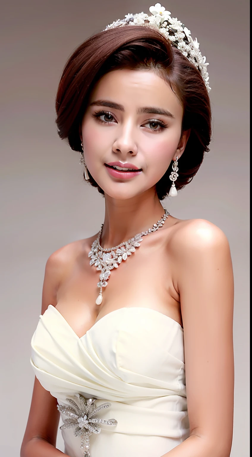Fashion model 18 years old [[[[closeup cleavage]]]], [[[[boobgasm]]]], [[[[coll]]]], [[[[bshoulders]]]], perfect  eyes, Perfect iris，Perfect lips，perfect teeth，Perfect skin，Soft front light，hdr，Movie girl，Evening gowns in various colors，long whitr hair，The background is indoors，Flowers in the background（pastel colour：1.2）