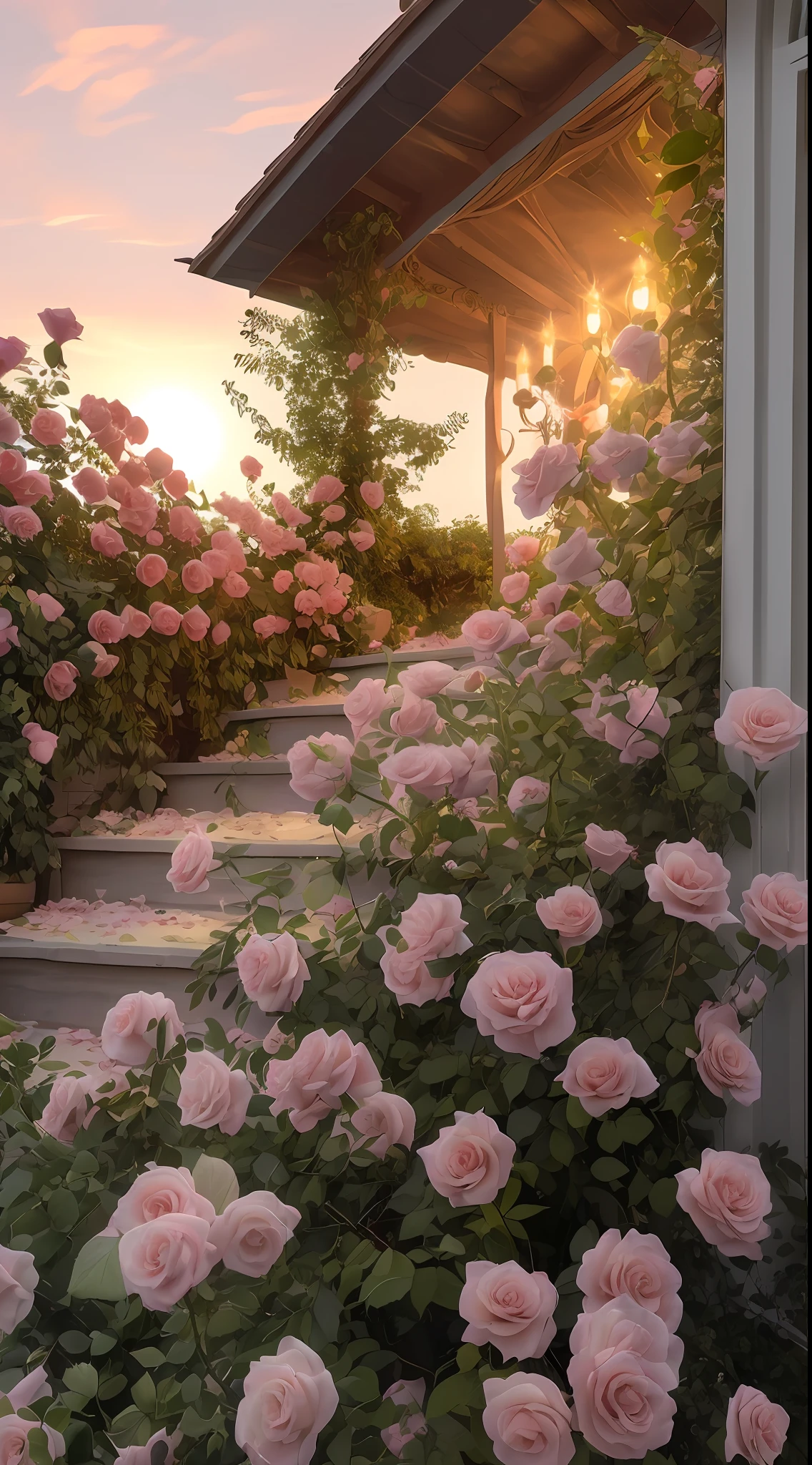A bush of pink roses outside the house, beautiful and aesthetic, soft pink, beautiful aesthetic, roses in movie lights, lush flowers outdoors, nature and floral aesthetics, rose garden, roses, portal made of roses, beautiful images, roses, fantastic aesthetics, in a cottage core garden, pink golden hour, (masterpiece:1.6, best quality), (fine detailed beautiful eyes: 1.2), (extremely detailed CG unity 8k wallpaper, masterpiece , super detailed, best shadows), (detailed background), high contrast, (best lighting, extremely delicate and beautiful), ((color paint splatter on transparent background, Dulux,)), ((caustics) ), dynamic angles, beautiful detail glow,