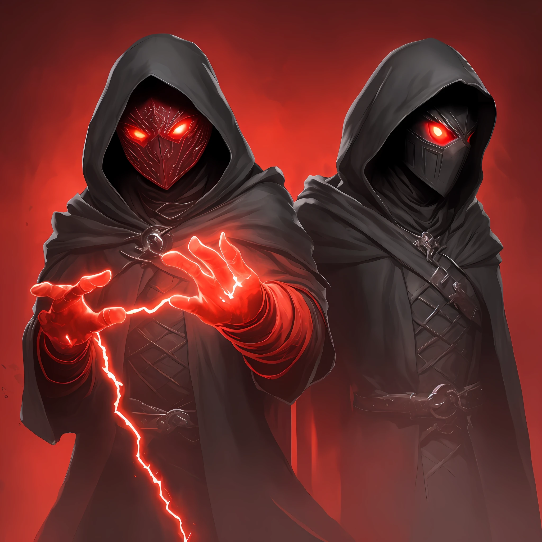 dark mage, dark hood, glowing red eyes, face hidden by shadows, scarlet tone background, image of the lowest quality and generation...