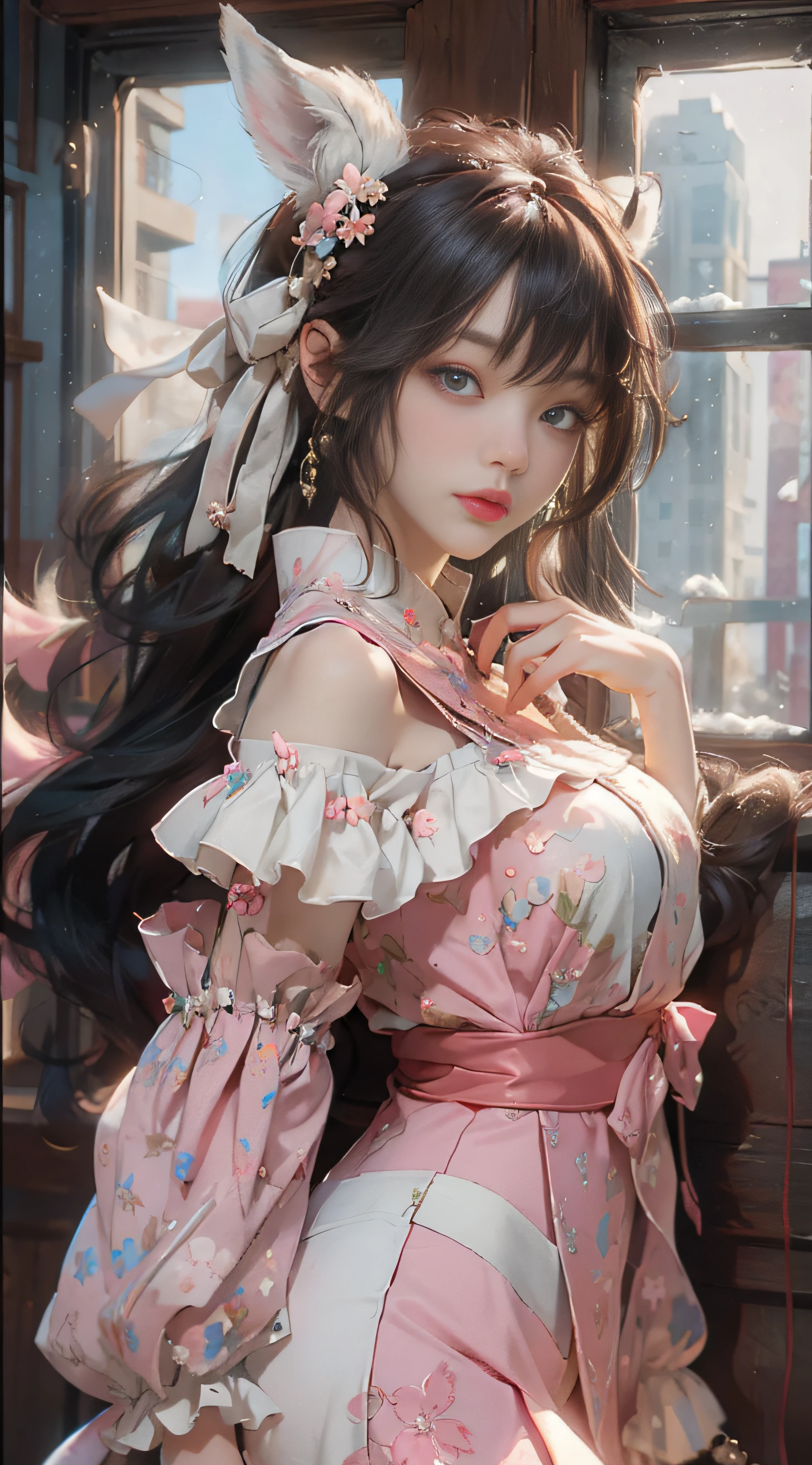 ((best qualtiy)), ((tmasterpiece)), (detail:1.4), Beautiful cyberpunk female images,hdr(HighDynamicRange),Ray traching,NVIDIA RTX,Hyper-Resolution,illusory 5,sub surface scattering,PBR textures,post-proces,Anisotropy Filtering,depth of fields,maximum definition and sharpness,Many-Layer Textures,Albedo e mapas Speculares,Surface coloring,Mitsu-Accurate simulation of material interactions,perfectly proportioned,rendering by octane,Two-colored light,largeaperture,Low ISO,White balance,Rule three points、8K raw data、Beautiful bright blue pupils,off-the-shoulder clothes,Fine pupils,Delicate face and eyes,long eyelasher,Blushlush,Delicate and fluffy hair,pink lip,Pure,Cute face,Sweet girl,Artistic sense,Casual wear,Advancedsense,butterflys,Cherry blossom petal,Beautiful hair accessories,Long hair and waist,Hair fluttering in the wind,Snow-white fox ears,curlies,Snow-white fluffy tail,Positive light,The light from the back window is backlighted