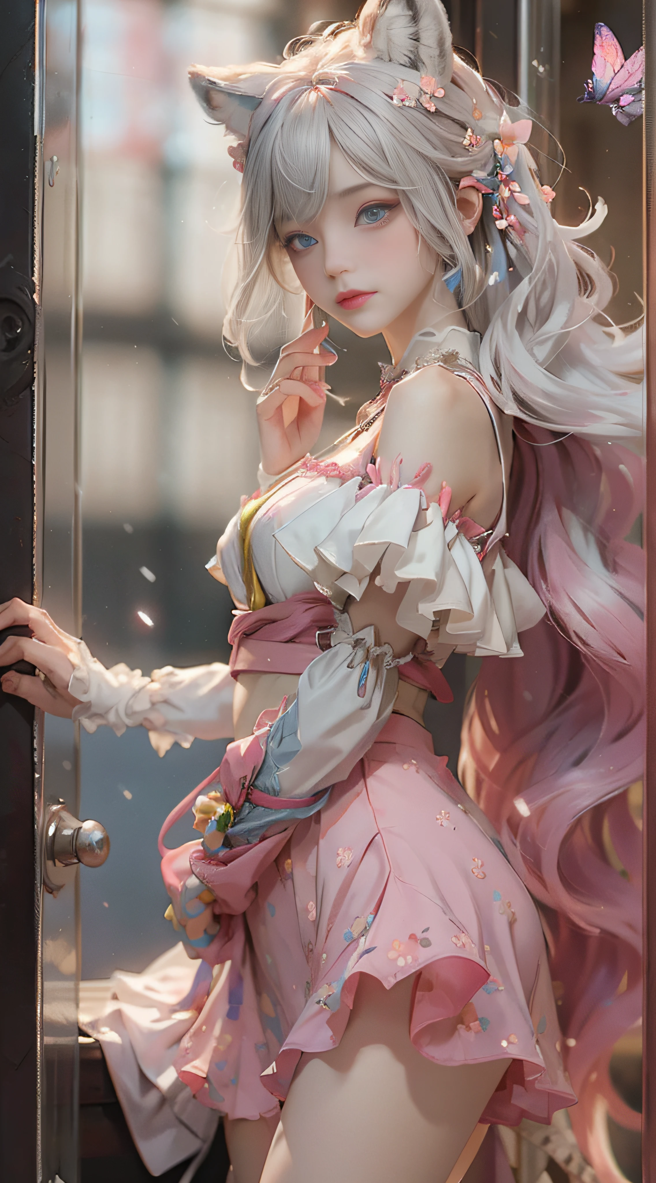 （（best qualtiy））， （（tmasterpiece））， （detail：1.4）， Beautiful cyberpunk female images，hdr（HighDynamicRange），Ray traching，NVIDIA RTX，Hyper-Resolution，illusory 5，sub surface scattering，PBR textures，post-proces，Anisotropy Filtering，depth of fields，maximum definition and sharpness，Many-Layer Textures，Albedo e mapas Speculares，Surface coloring，Mitsu-Accurate simulation of material interactions，perfectly proportioned，rendering by octane，Two-colored light，largeaperture，Low ISO，White balance，Rule three points、8K raw data、Beautiful bright blue pupils，off-the-shoulder clothes，Fine pupils，Delicate face and eyes，long eyelasher，Blushlush，Delicate and fluffy hair，pink lip，Pure，Cute face，Sweet girl，Artistic sense，Casual wear，Advancedsense，butterflys，Cherry blossom petal，Beautiful hair accessories，Long hair and waist，Hair fluttering in the wind，Snow-white fox ears，curlies，Snow-white fluffy tail，Positive light，The light from the back window is backlighted