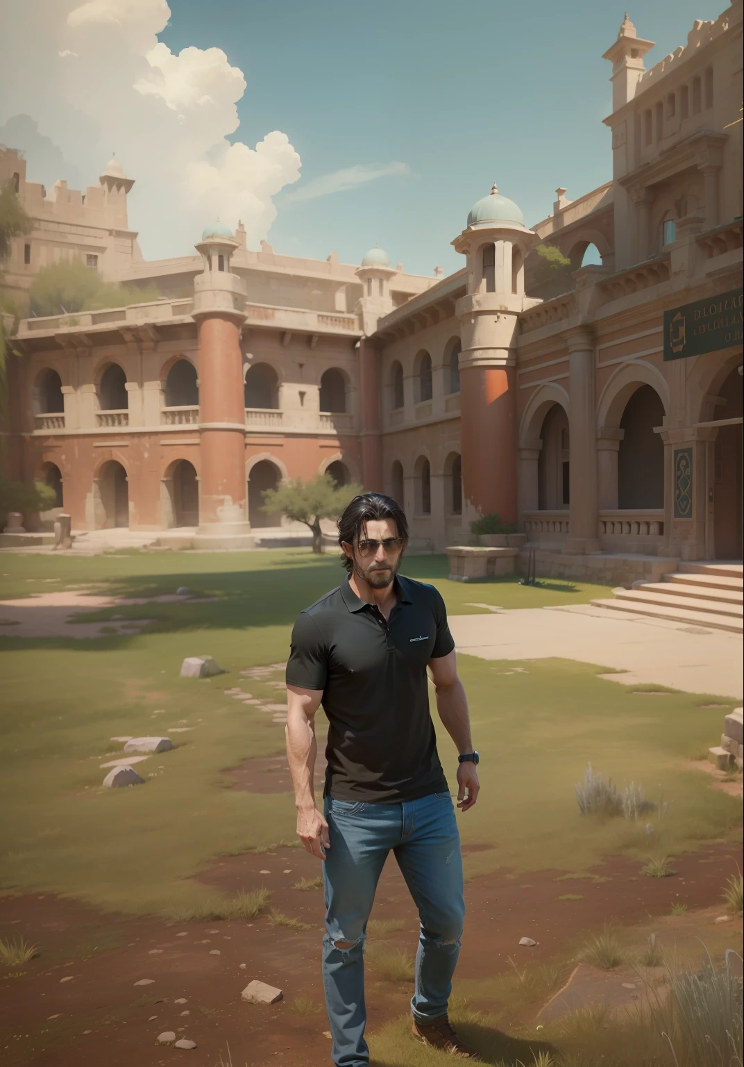 Same as picture, skyblue polo shirt and jeans, Power glass, Handsome man, balck hair, Ancient red structure, green grass, ultra realistic, 8k
