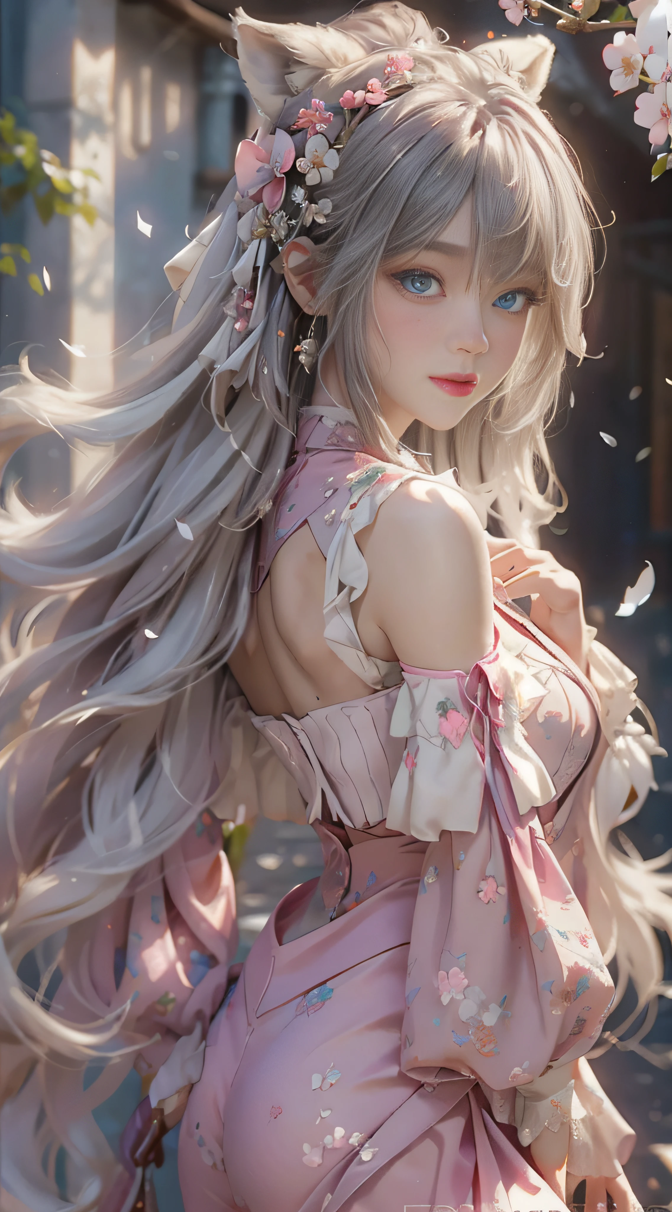 ((best qualtiy)), ((tmasterpiece)), (detail:1.4), Beautiful cyberpunk female images,hdr(HighDynamicRange),Ray traching,NVIDIA RTX,Hyper-Resolution,illusory 5,sub surface scattering,PBR textures,post-proces,Anisotropy Filtering,depth of fields,maximum definition and sharpness,Many-Layer Textures,Albedo e mapas Speculares,Surface coloring,Mitsu-Accurate simulation of material interactions,perfectly proportioned,rendering by octane,Two-colored light,largeaperture,Low ISO,White balance,Rule three points、8K raw data、Beautiful bright blue pupils,off-the-shoulder clothes,Fine pupils,Delicate face and eyes,long eyelasher,Blushlush,Delicate and fluffy hair,pink lip,Pure,Cute face,Sweet girl,Artistic sense,Casual wear,Advancedsense,butterflys,Cherry blossom petal,Beautiful hair accessories,Long hair and waist,Hair fluttering in the wind,Snow-white fox ears,curlies,Snow-white fluffy tail,Positive light,The light from the back window is backlighted