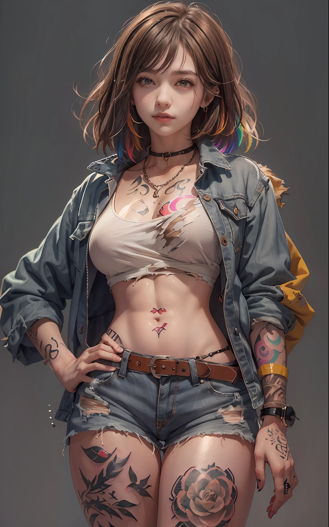 ((medium breast, tomboy girls, small head)),  (chiseled abs : 1.1), (perfect body : 1.1), (short wavy hair : 1.2) , auburn hair, collar, chain, full body shot, crowded street, wearing tanktop, jeans jacket, (torn clothes:1.3)((shorts)), (extremely detailed CG 8k wallpaper), (an extremely delicate and beautiful), (masterpiece), (best quality:1.0), (ultra highres:1.0),  beautiful lighting ,perfect lightning, realistic shadows, [highres], detailed skin, ultra-detailed (((colorful))),(tattoo all:1.5),