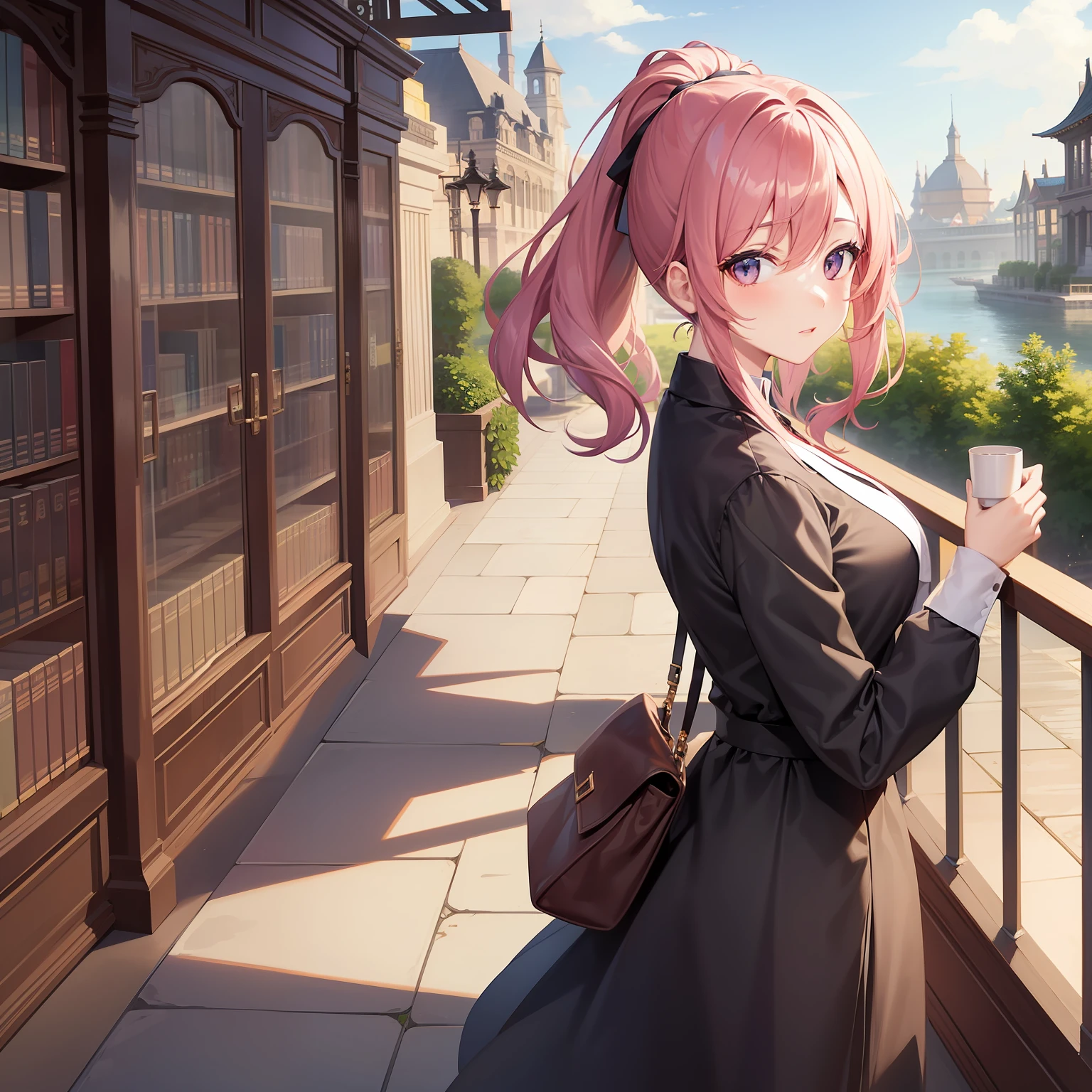 Beautiful woman doing things thinking。animesque。The background is the library。