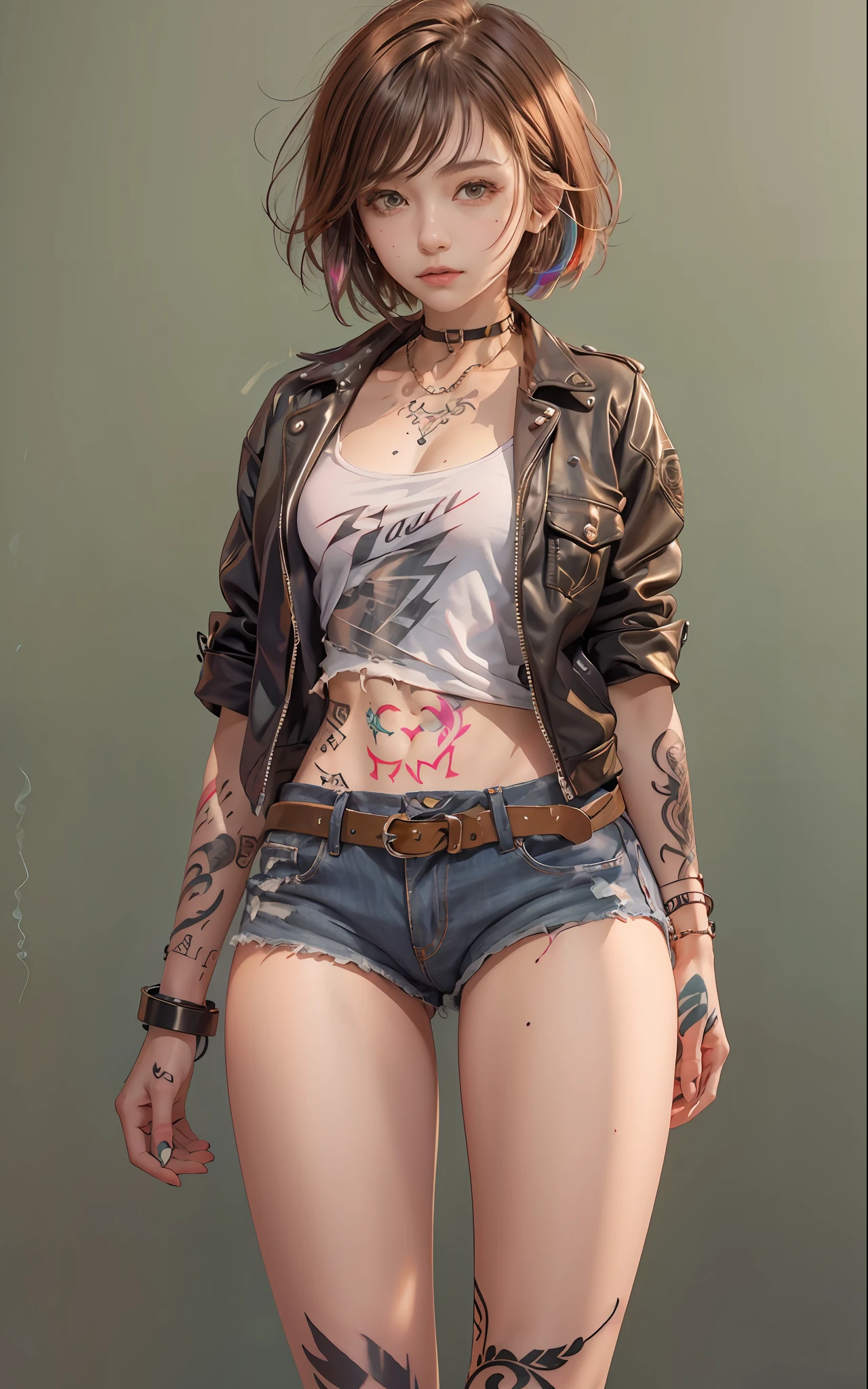 ((medium breast, tomboy girls, small head)),  (chiseled abs : 1.1), (perfect body : 1.1), (short wavy hair : 1.2) , auburn hair, collar, chain, full body shot, crowded street, wearing tanktop, jeans jacket, (torn clothes:1.3)((shorts)), (extremely detailed CG 8k wallpaper), (an extremely delicate and beautiful), (masterpiece), (best quality:1.0), (ultra highres:1.0),  beautiful lighting ,perfect lightning, realistic shadows, [highres], detailed skin, ultra-detailed (((colorful))),(tattoo all:1.5),