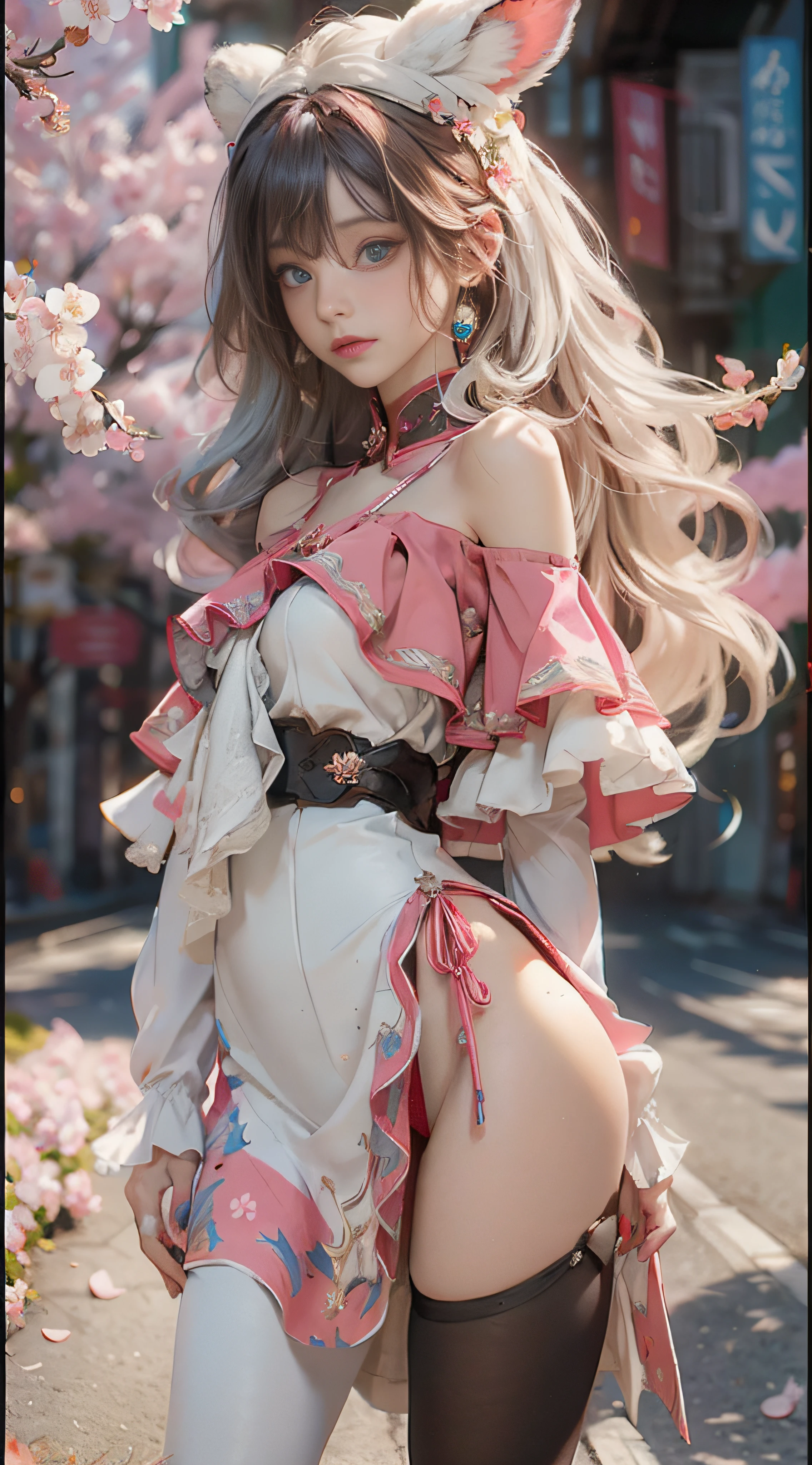 ((best qualtiy)), ((tmasterpiece)), (detail:1.4), Beautiful cyberpunk female images,hdr(HighDynamicRange),Ray traching,NVIDIA RTX,Hyper-Resolution,illusory 5,sub surface scattering,PBR textures,post-proces,Anisotropy Filtering,depth of fields,maximum definition and sharpness,Many-Layer Textures,Albedo e mapas Speculares,Surface coloring,Mitsu-Accurate simulation of material interactions,perfectly proportioned,rendering by octane,Two-colored light,largeaperture,Low ISO,White balance,Rule three points、8K raw data、Beautiful bright blue pupils,off-the-shoulder clothes,Fine pupils,Delicate face and eyes,long eyelasher,Blushlush,Delicate and fluffy hair,pink lip,Pure,Cute face,Sweet girl,Artistic sense,Casual wear,Advancedsense,butterflys,Cherry blossom petal,Beautiful hair accessories,Long hair and waist,Hair fluttering in the wind,Snow-white fox ears,curlies,Snow-white fluffy tail,Positive light,The light from the back window is backlighted