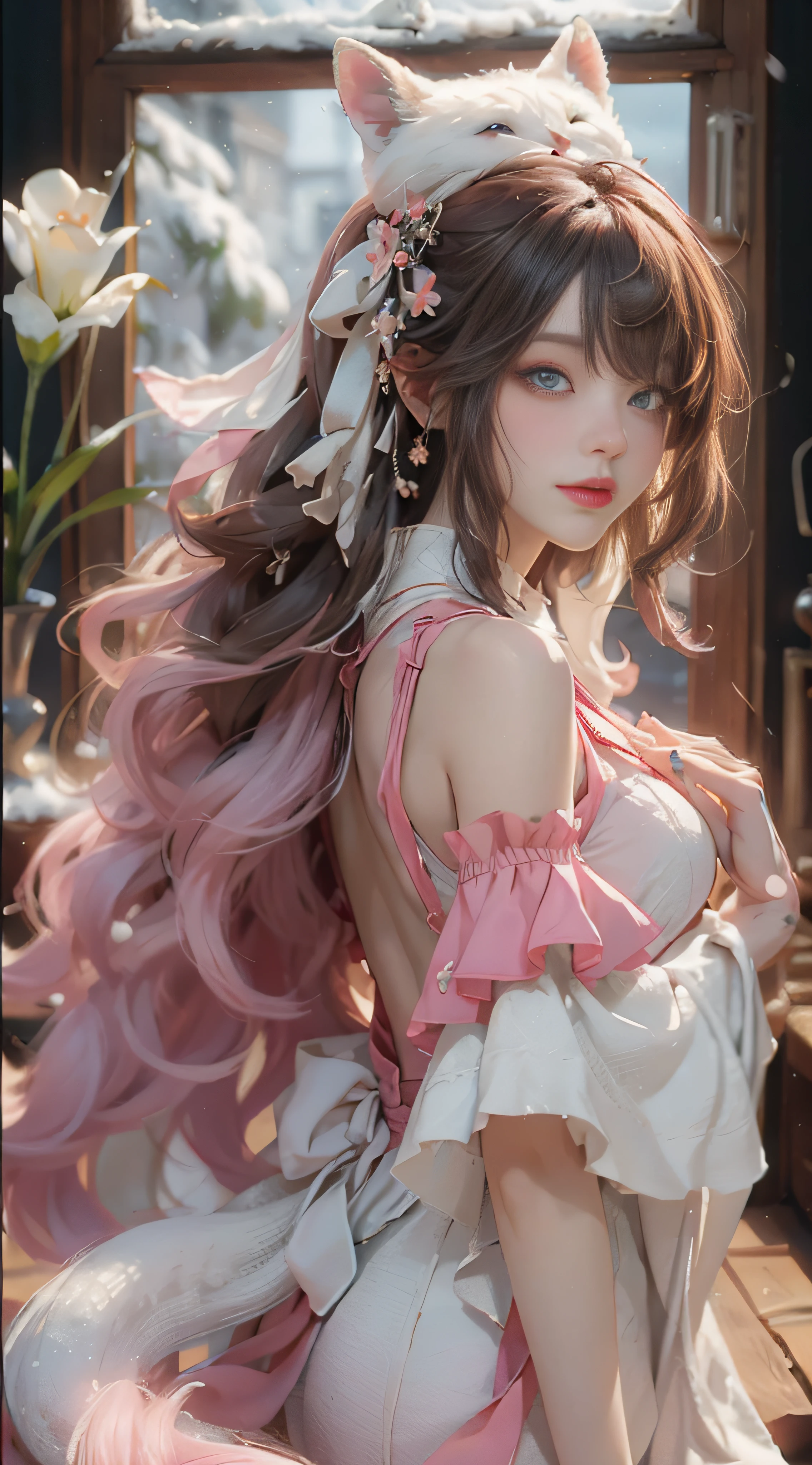 ((best qualtiy)), ((tmasterpiece)), (detail:1.4), Beautiful cyberpunk female images,hdr(HighDynamicRange),Ray traching,NVIDIA RTX,Hyper-Resolution,illusory 5,sub surface scattering,PBR textures,post-proces,Anisotropy Filtering,depth of fields,maximum definition and sharpness,Many-Layer Textures,Albedo e mapas Speculares,Surface coloring,Mitsu-Accurate simulation of material interactions,perfectly proportioned,rendering by octane,Two-colored light,largeaperture,Low ISO,White balance,Rule three points、8K raw data、Beautiful bright blue pupils,off-the-shoulder clothes,Fine pupils,Delicate face and eyes,long eyelasher,Blushlush,Delicate and fluffy hair,pink lip,Pure,Cute face,Sweet girl,Artistic sense,Casual wear,Advancedsense,butterflys,Cherry blossom petal,Beautiful hair accessories,Long hair and waist,Hair fluttering in the wind,Snow-white fox ears,curlies,Snow-white fluffy tail,Positive light,The light from the back window is backlighted