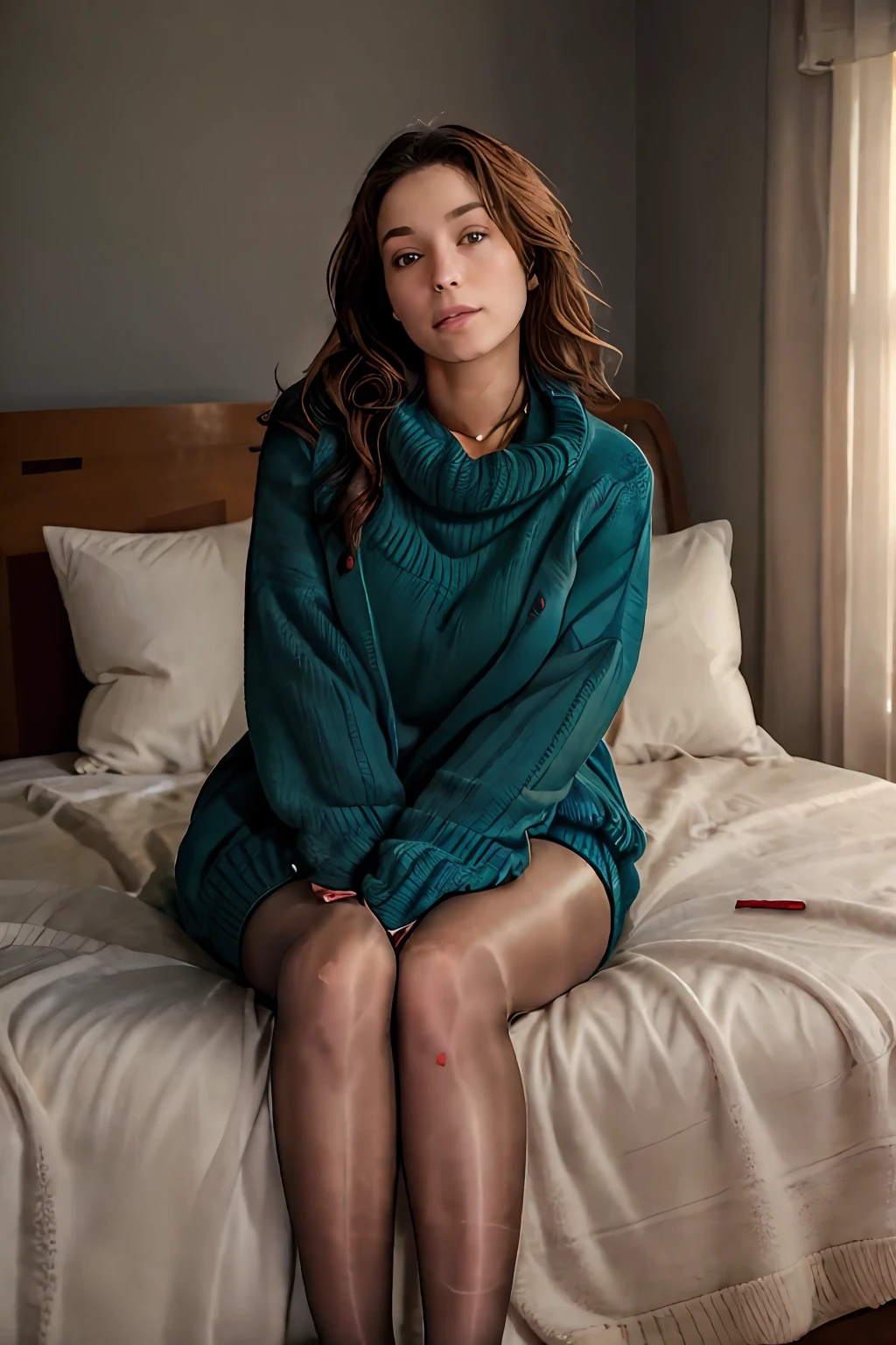 nsfw, full body view, feet in view,(oversized_sweater:1.3), colorful oversized_sweater, good hand,4k, high-res, masterpiece, best quality, head:1.3, large breasts, pantyhose, deep cleavage, ((Hasselblad photography)), sharp focus, (cinematic lighting), night, soft lighting, dynamic angle, [:(detailed face:1.2):0.2],(((sitting on a bed))), outside,