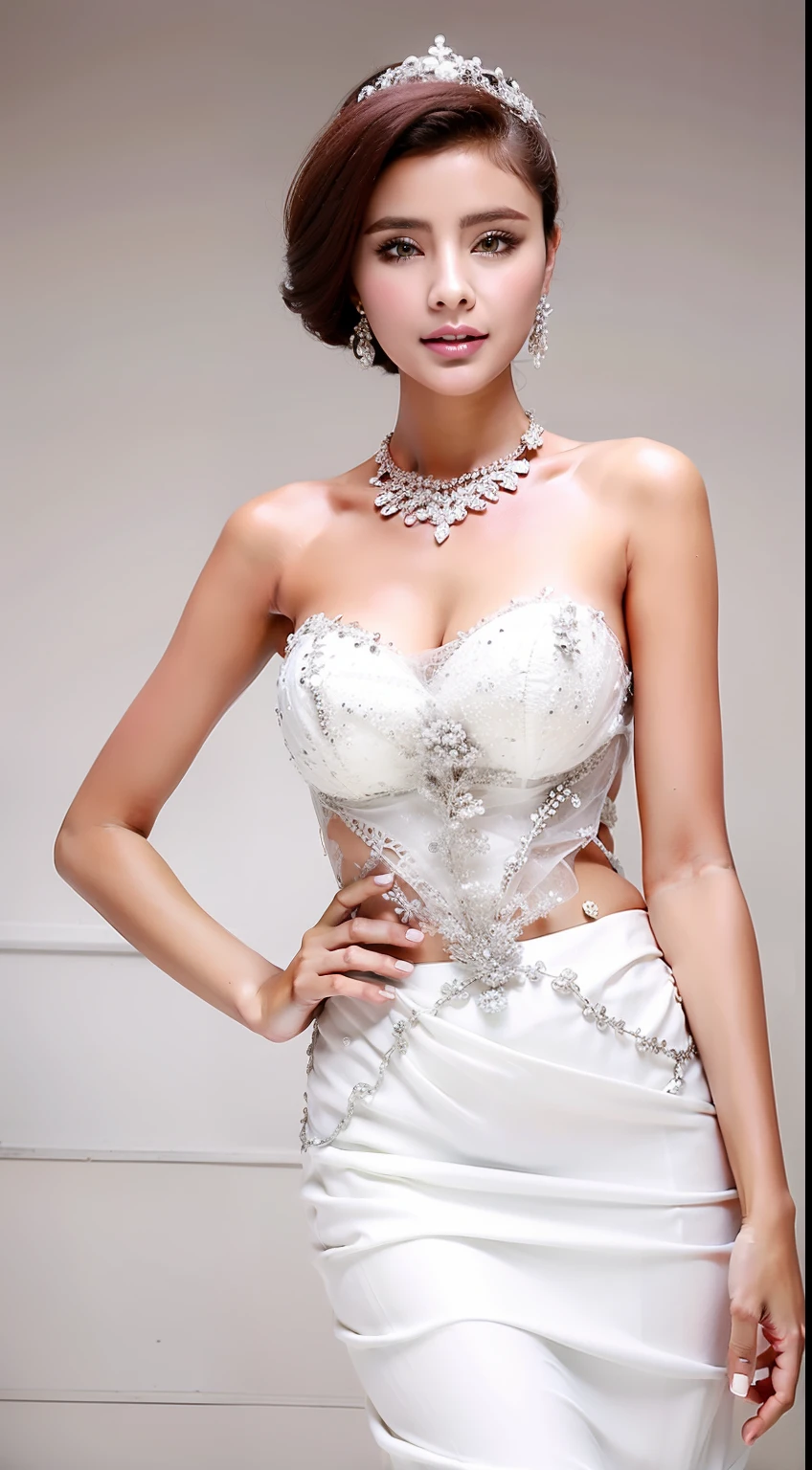 Fashion model 18 years old [[[[closeup cleavage]]]], [[[[boobgasm]]]], [[[[coll]]]], [[[[bshoulders]]]], perfect  eyes, Perfect iris，Perfect lips，perfect teeth，Perfect skin，Soft front light，hdr，Movie girl，Evening gowns in various colors，long whitr hair，The background is indoors，Flowers in the background（pastel colour：1.2）