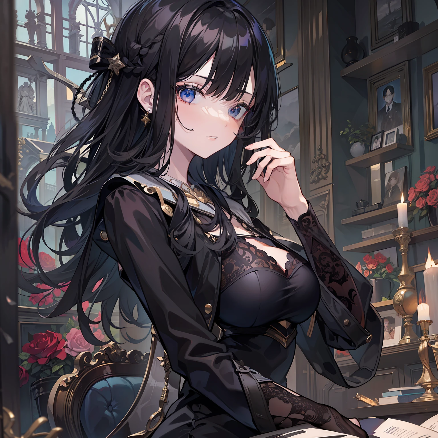 masterpiece、hightquality、Black hair long hair、deco、Black stockings、one piece dress、domineering、cocky、arrogant、