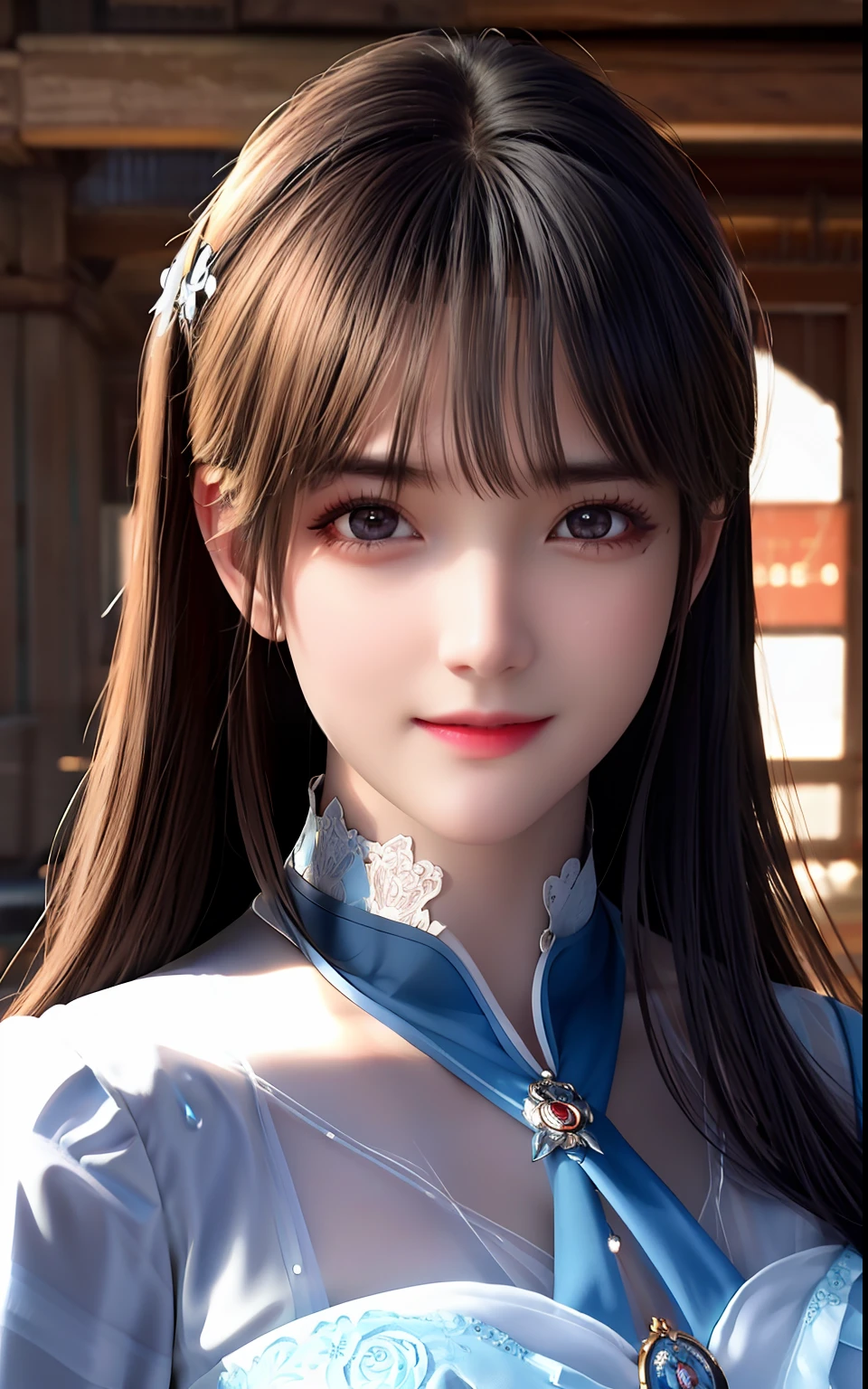 silber hair、ulzzang -6500-v1.1, (Photorealsitic:1.4), animesque、anime styled、ssmile、portraitures、Beautiful, Moist eyes like clear glass、Beautiful detailed woman, extremely detailed eye and face, Beautiful detailed eyes,huge filesize, ultra-detailliert, hight resolution, ighly detailed, top-quality, masterpiece, illustratio, ighly detailed, nffsw, unification, 8k wallpaper, splendid, finely detail, masterpiece, top-quality, Highly detailed ticker uniform 8K wallpaper, Light on the Face、电影灯光、