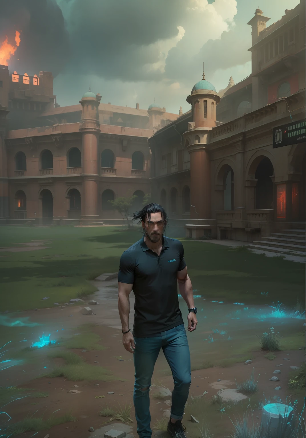 Same as picture cyberpunk, skyblue polo shirt and jeans, Power glass, Handsome man, balck hair, Ancient red structure, green grass, ultra realistic, 8k