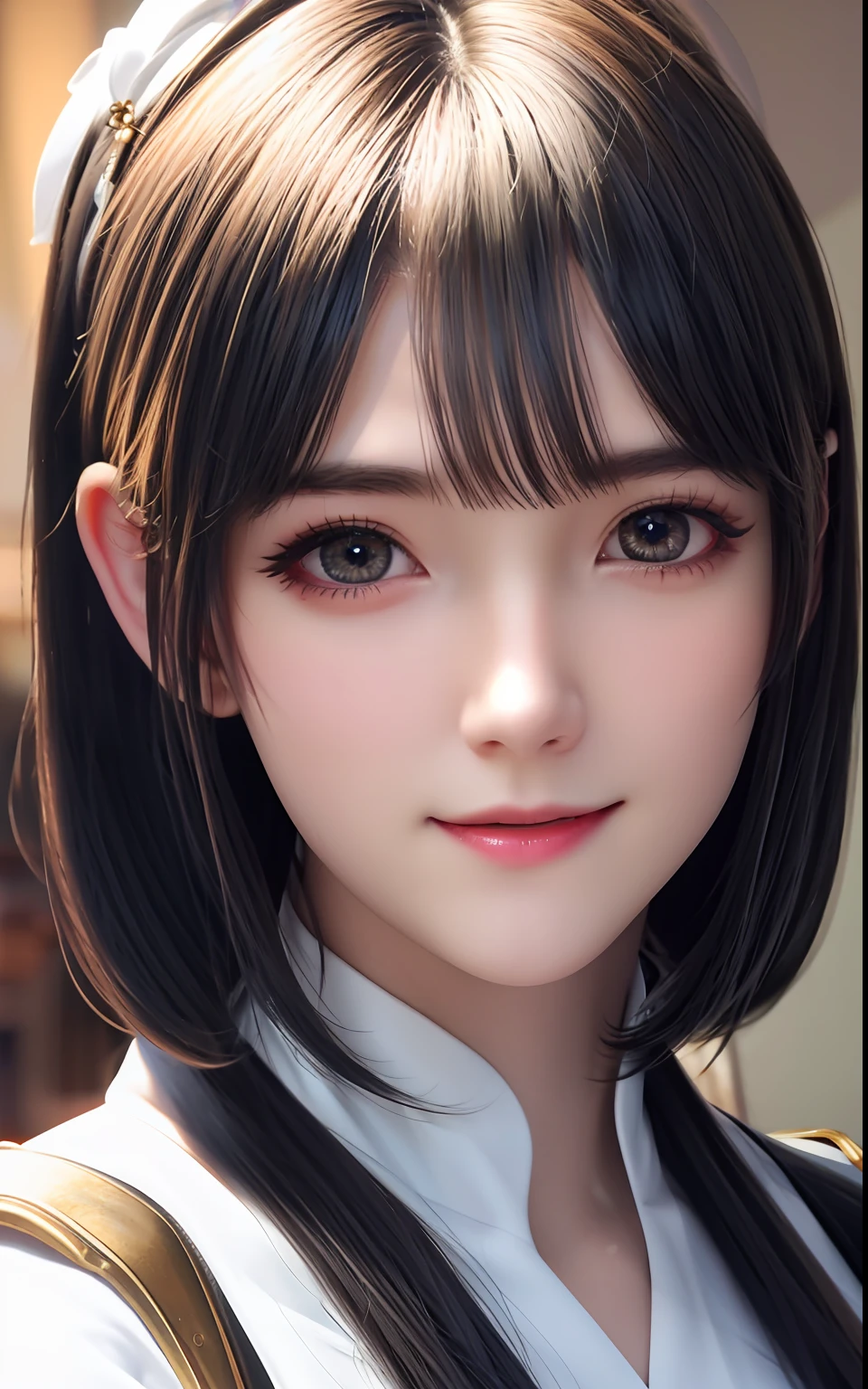 silber hair、ulzzang -6500-v1.1, (Photorealsitic:1.4), animesque、anime styled、ssmile、portraitures、Beautiful, Moist eyes like clear glass、Beautiful detailed woman, extremely detailed eye and face, Beautiful detailed eyes,huge filesize, ultra-detailliert, hight resolution, ighly detailed, top-quality, masterpiece, illustratio, ighly detailed, nffsw, unification, 8k wallpaper, splendid, finely detail, masterpiece, top-quality, Highly detailed ticker uniform 8K wallpaper, Light on the Face、电影灯光、
