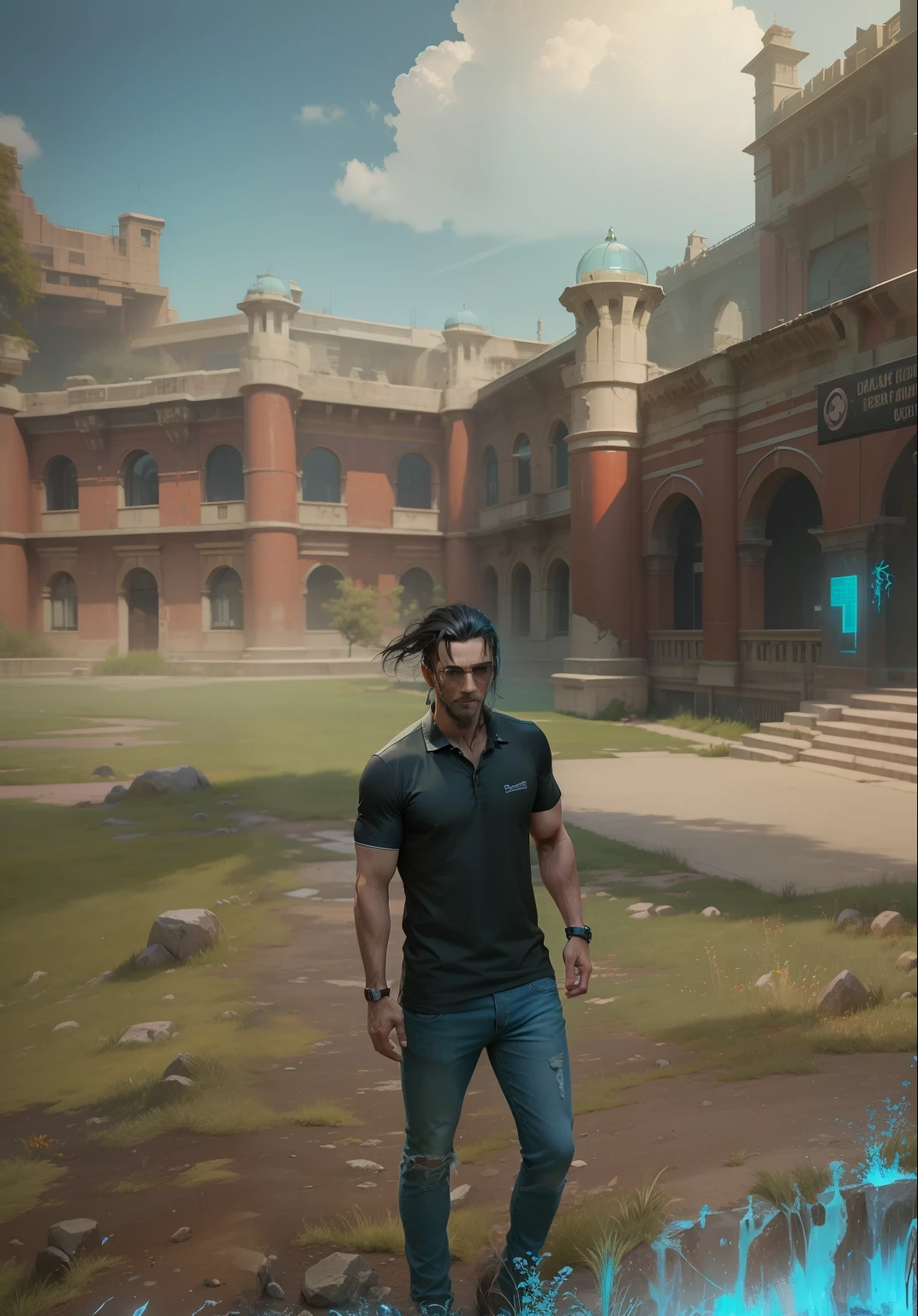 Same as picture cyberpunk, skyblue polo shirt and jeans, Power glass, Handsome man, balck hair, Ancient red structure, green grass, ultra realistic, 8k