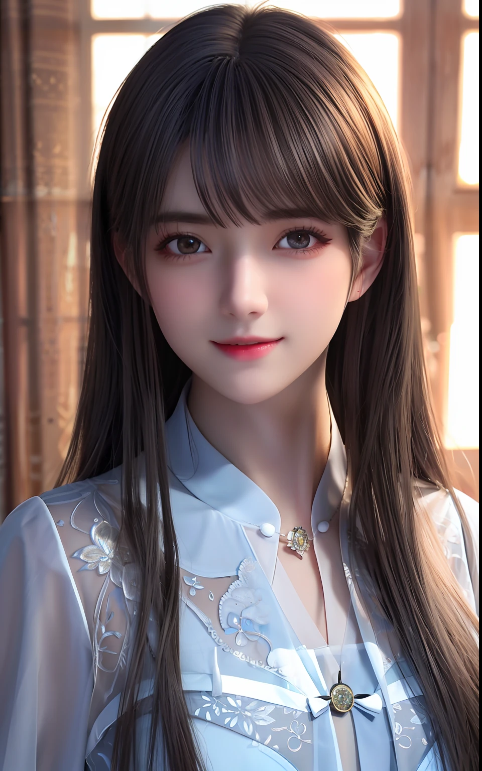 silber hair、ulzzang -6500-v1.1, (Photorealsitic:1.4), animesque、anime styled、ssmile、portraitures、Beautiful, Moist eyes like clear glass、Beautiful detailed woman, extremely detailed eye and face, Beautiful detailed eyes,huge filesize, ultra-detailliert, hight resolution, ighly detailed, top-quality, ​masterpiece, illustratio, ighly detailed, nffsw, unification, 8k wallpaper, splendid, finely detail, ​masterpiece, top-quality, Highly detailed ticker uniform 8K wallpaper, Light on the Face、电影灯光、1８Year old girl