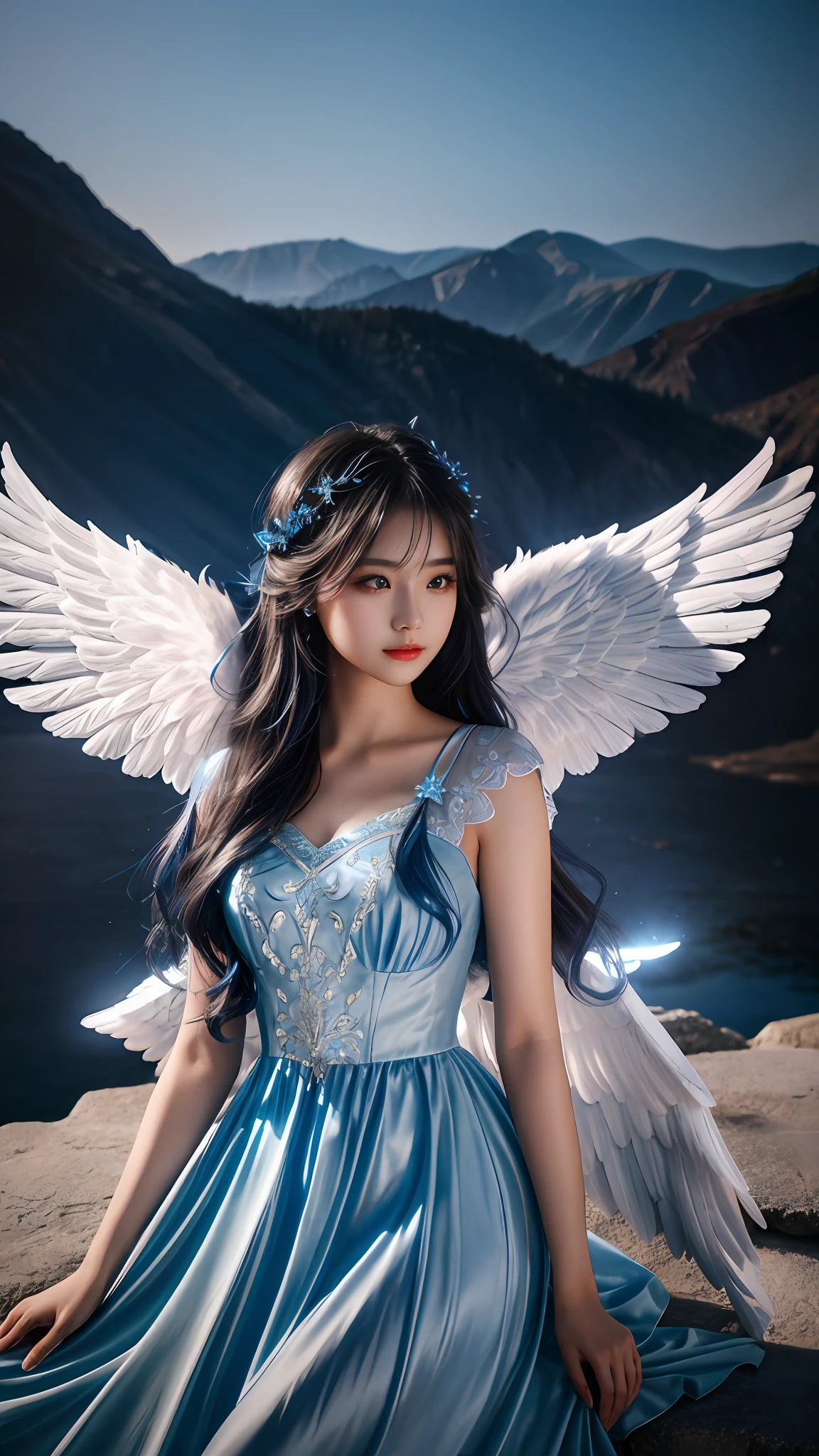 (a beauti:1.5)Angel wings, delicate face, blue dress, beauty recent photos, long hair, HD 8K light and dark contrast, detailed details, masterpiece, Canon photography