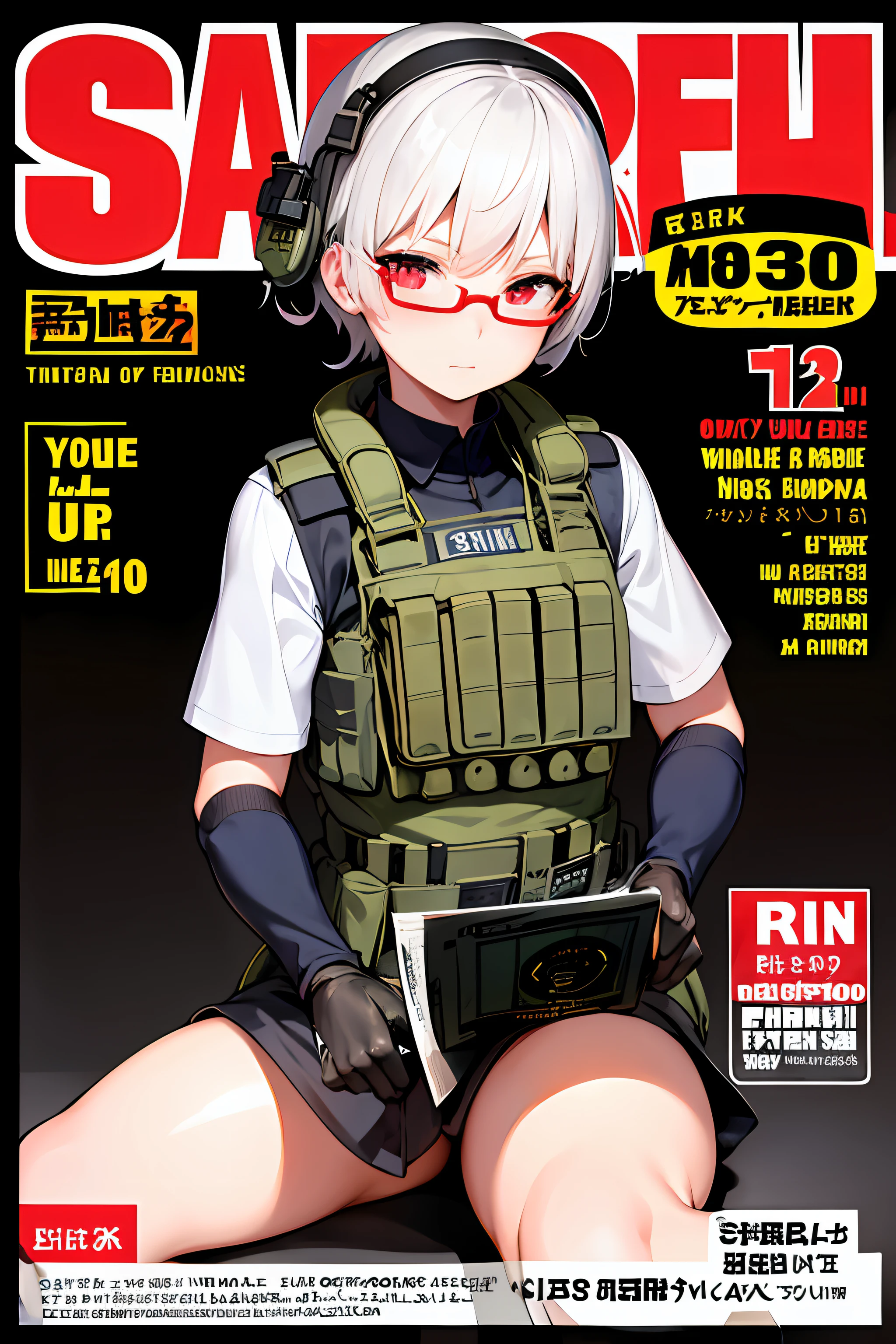 masterpiece , a girl, ( lite white short hair:1.2), (red eyes:1.2), (US Military Uniform:1.2), (looks at the viewer:1.2) , (8k, best quality 1.2), ultra-detailed, 8k uhd, soft lighting, high quality, film grain, beautiful lighting, cinematic ,perfect body , best illumination, best shadow, sharpness, contrast, red glasses, messy hair, tactical vest, gloves, headset, absurdres high detailed face, serious face, military helmet, heavy armor, (magazine:1.3), (cover-style:1.3), holding a camera