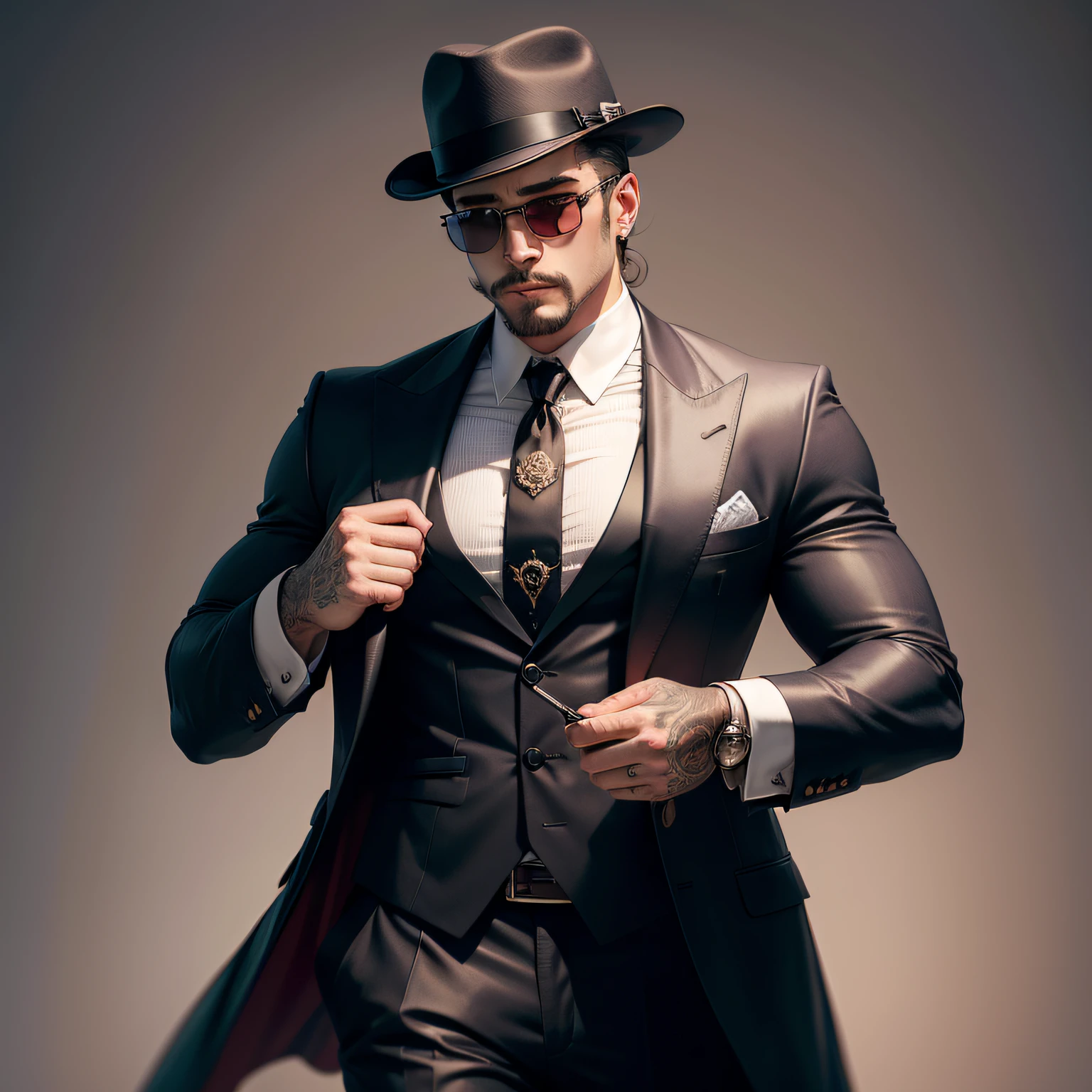 escova de blush, a man dressed as a gangster, cigrette, incarando, usando oculos escuro.