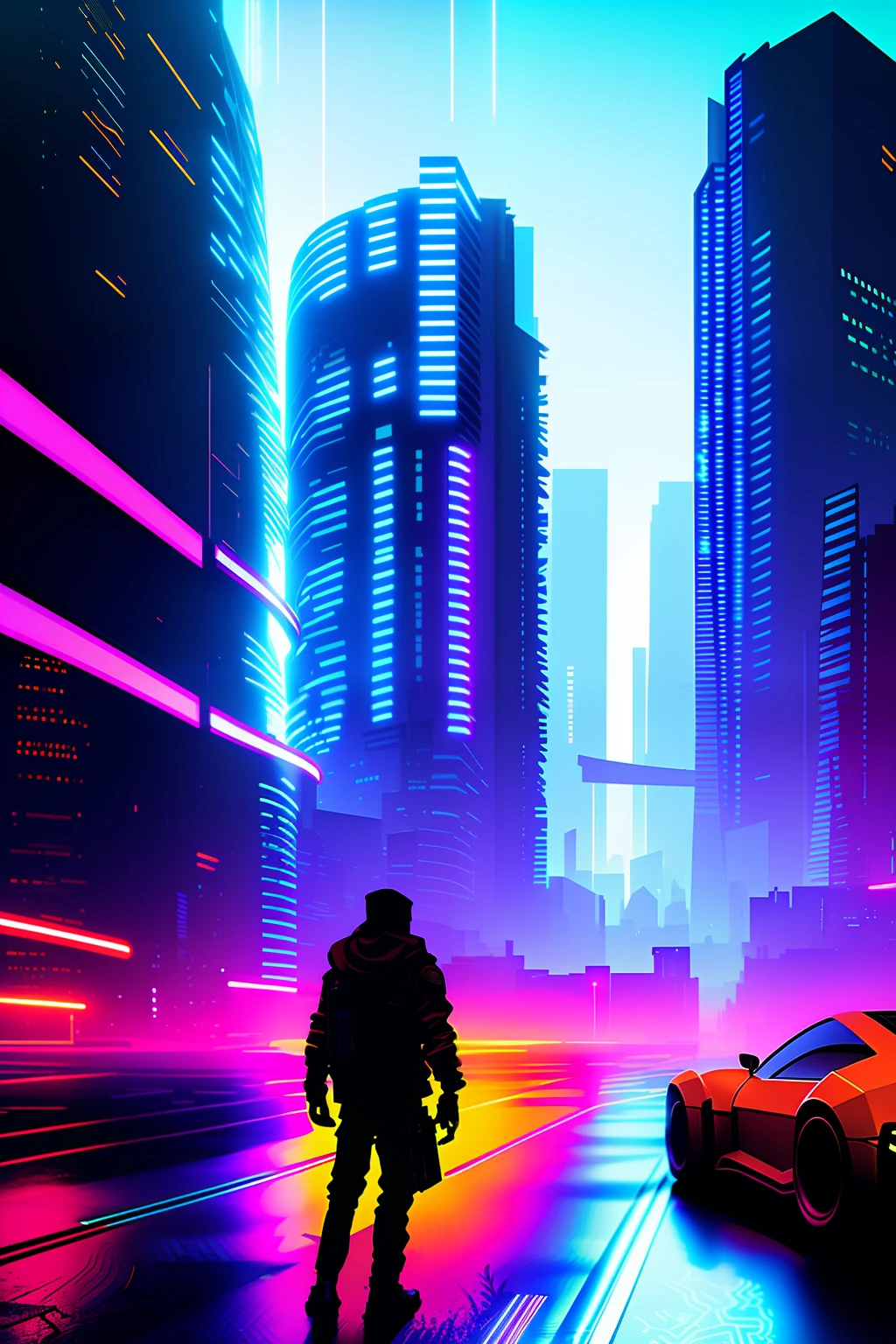 Cyber hackers stand by cyberpunk cars in the middle of city streets at night,Laptop in hand, Cyberpunk art style, Cyberpunk vibe, cyberpunk theme art, cyberpunk atmosphere, Cyberpunk Street, at cyberpunk city, cyberpunk futuristic neo, Cyberpunk art of a, bright cyberpunk glow, cyberpunk anime art, cyberpunk vibrant colors, cyberpunk digital art, Advanced digital cyberpunk art, Digital cyberpunk anime art, high quality cyberpunk art