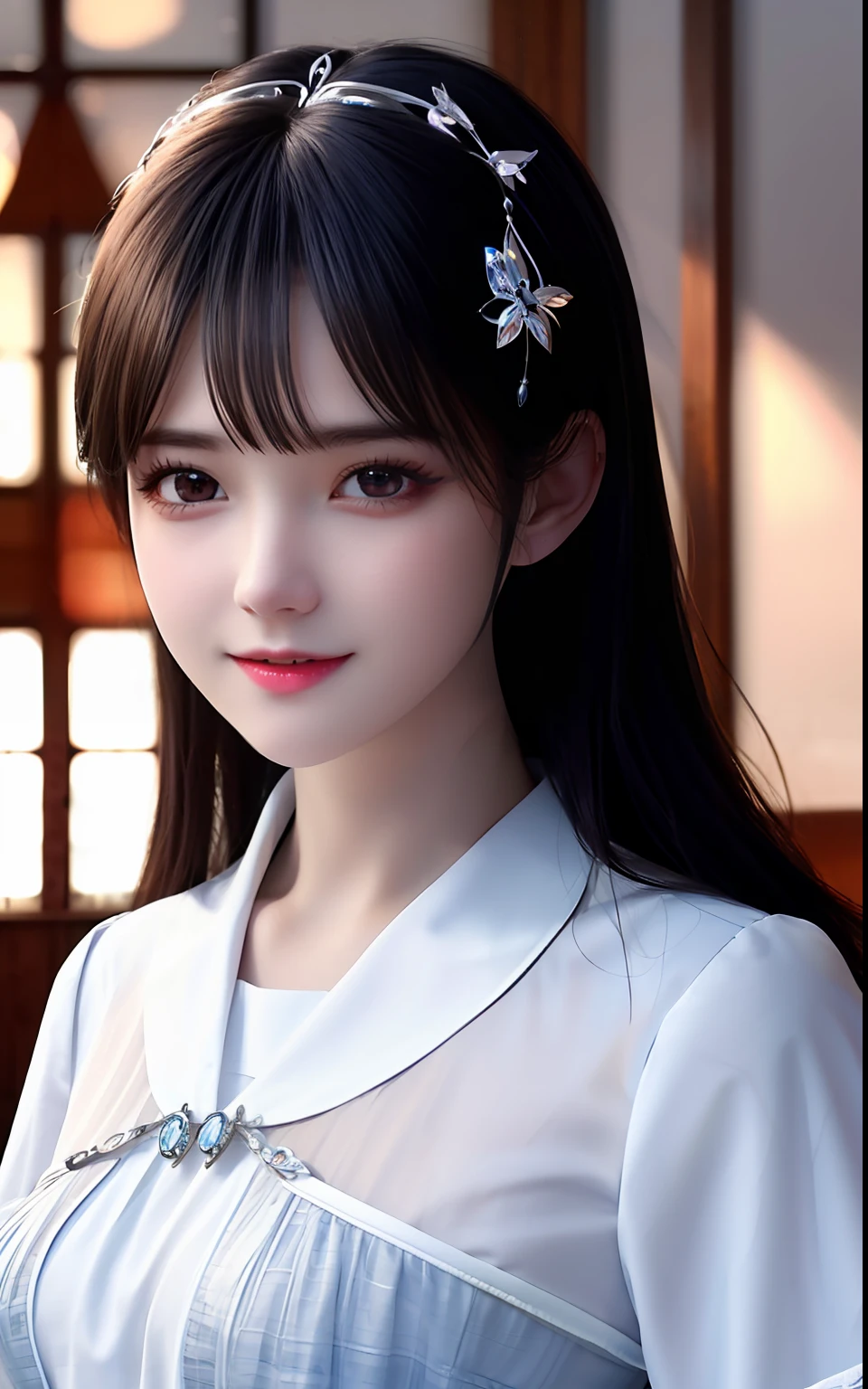 silber hair、ulzzang -6500-v1.1, (Photorealsitic:1.4), animesque、anime styled、ssmile、portraitures、Beautiful, Moist eyes like clear glass、Beautiful detailed woman, extremely detailed eye and face, Beautiful detailed eyes,huge filesize, ultra-detailliert, hight resolution, ighly detailed, top-quality, ​masterpiece, illustratio, ighly detailed, nffsw, unification, 8k wallpaper, splendid, finely detail, ​masterpiece, top-quality, Highly detailed ticker uniform 8K wallpaper, Light on the Face、电影灯光、1８Year old girl