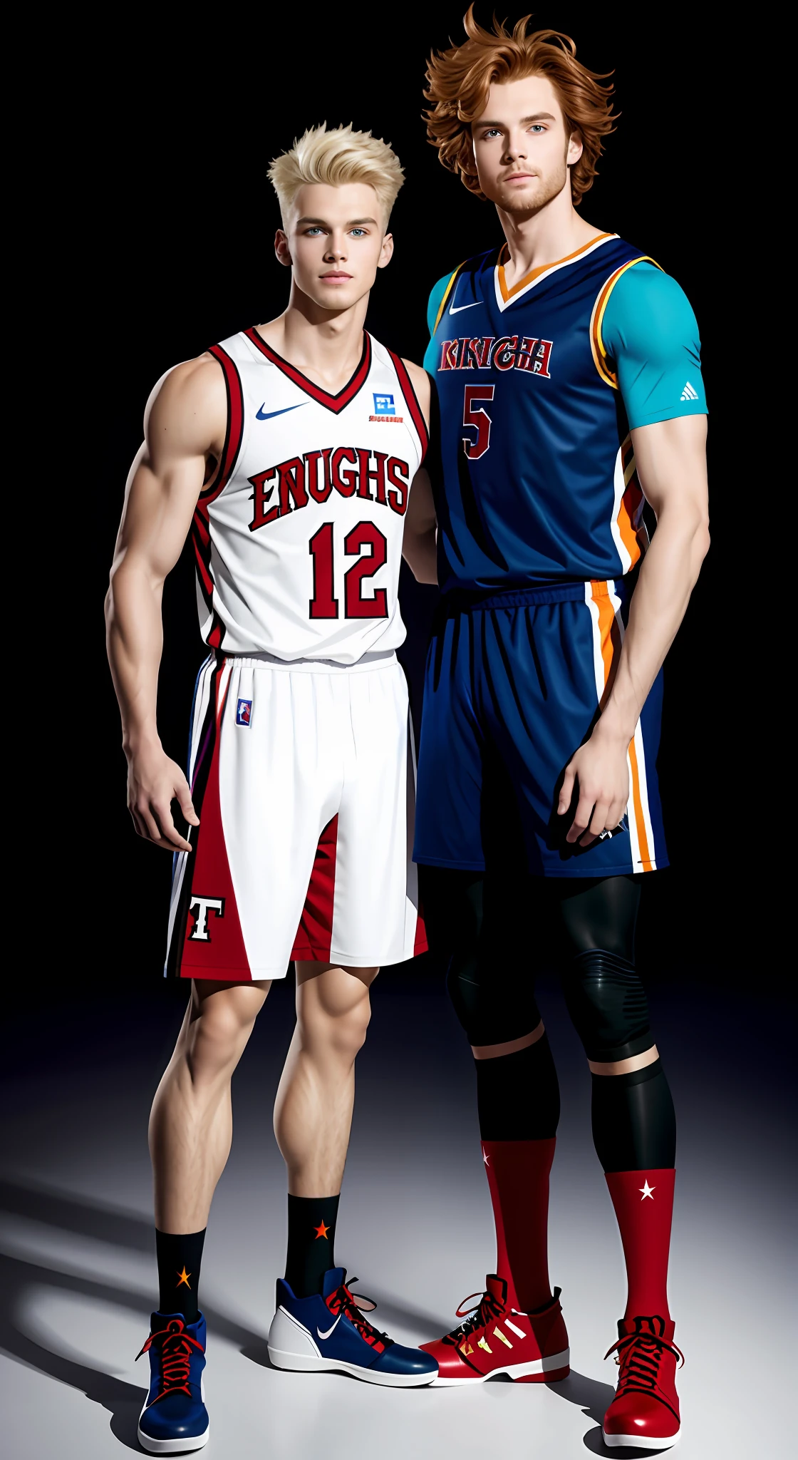 tmasterpiece， Best quality at best， 2 young men， A gay couple， Homosexuality， 2 Men， A red-haired person and another blonde person， Height difference， Different colors， apathy， Loves， Church background， Thick and messy hair，Gay，Both wore basketball uniforms，Knight boots Seductive feet，Model figure，Tall，
